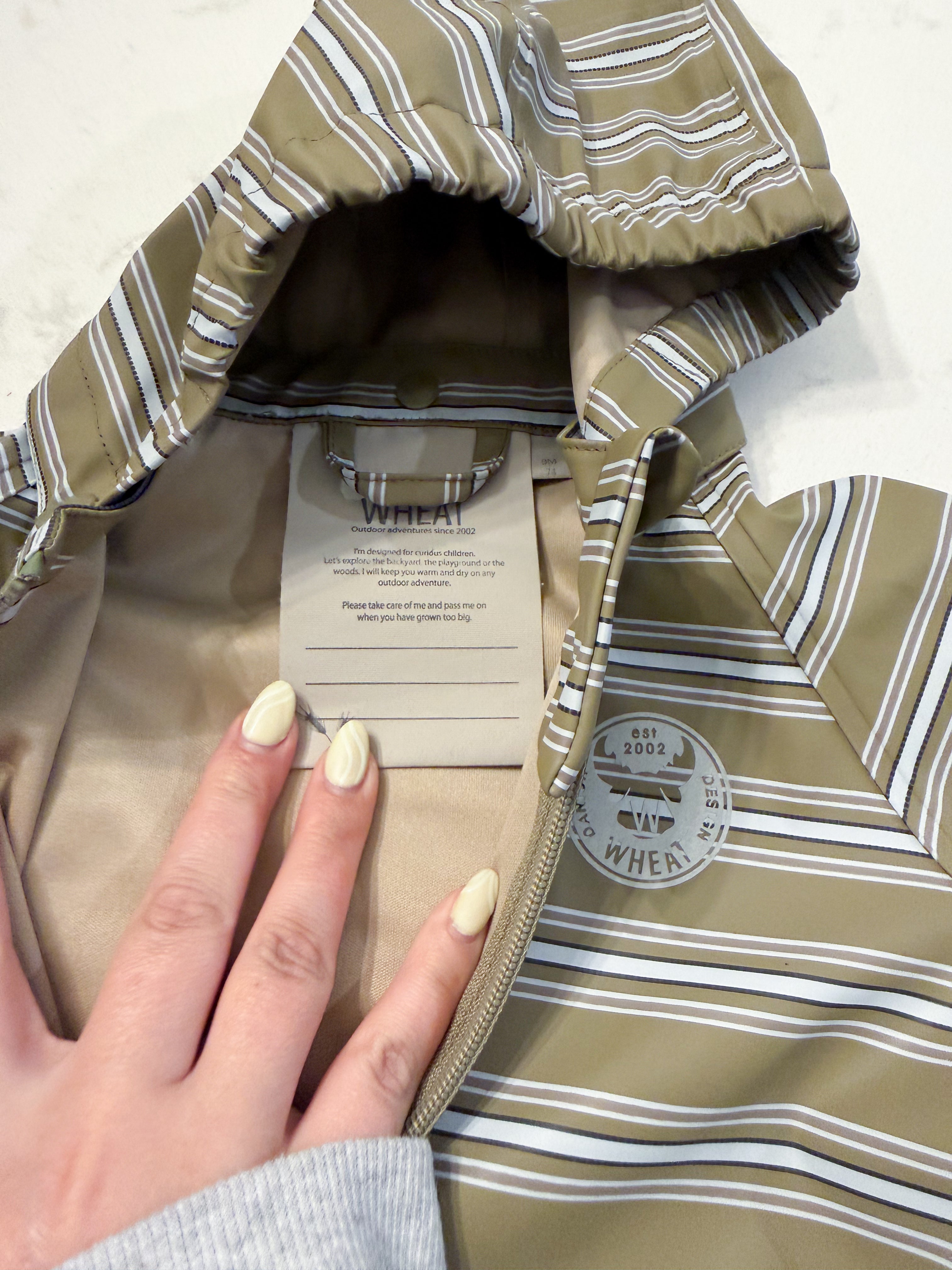 Wheat- 9m (fits 12-24m)- VGUC- neutral striped two piece rainsuit