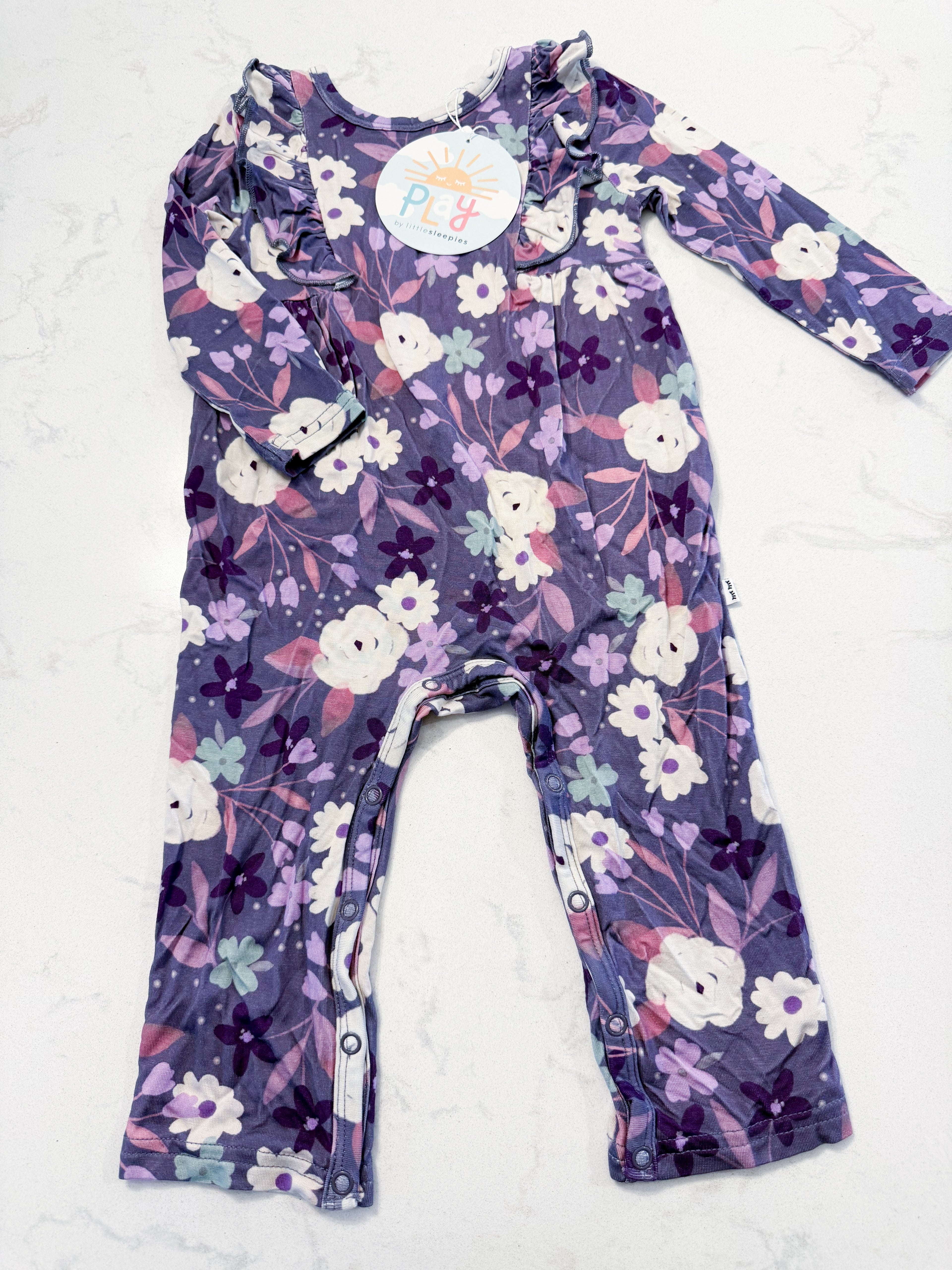 Little Sleepies (Play Collection)- 6-12m- BNWT- purple floral pattern bamboo romper