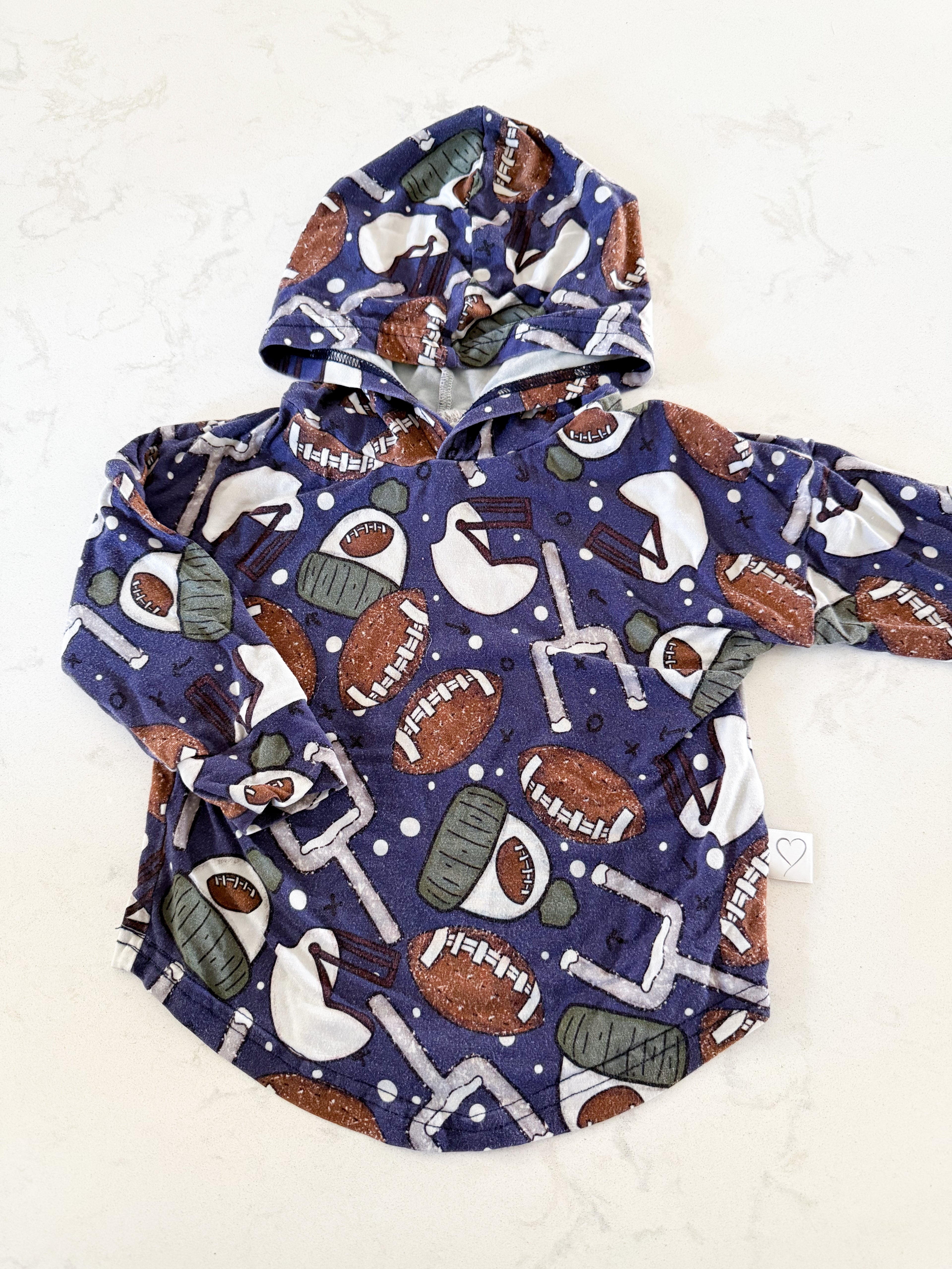 Vi and Jax-6-12m-GUC- purple thin bamboo hoodie with footballs
