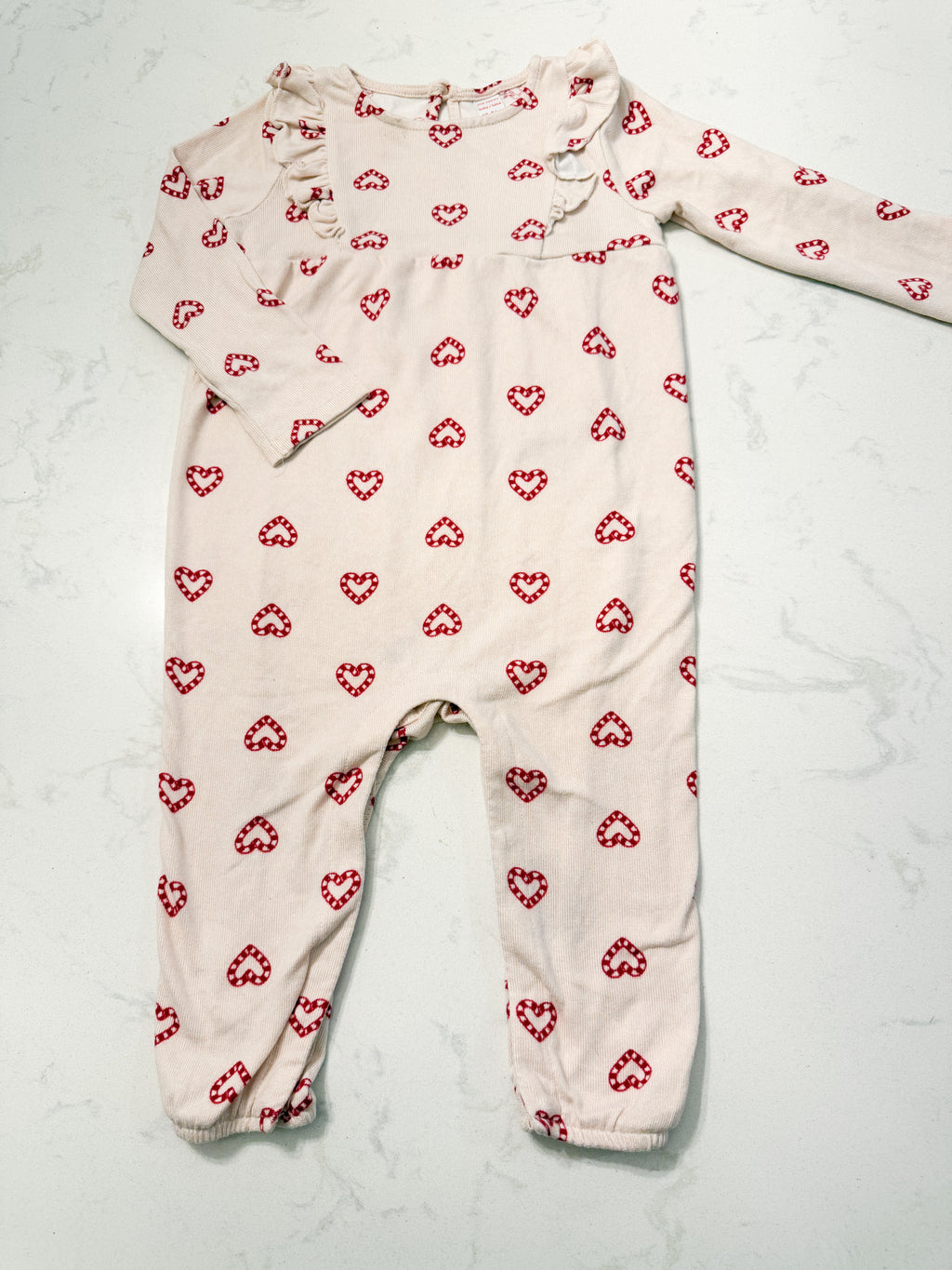 Joe Fresh- 18-24m- VGUC- light pink ruffle romper with candy cane hearts