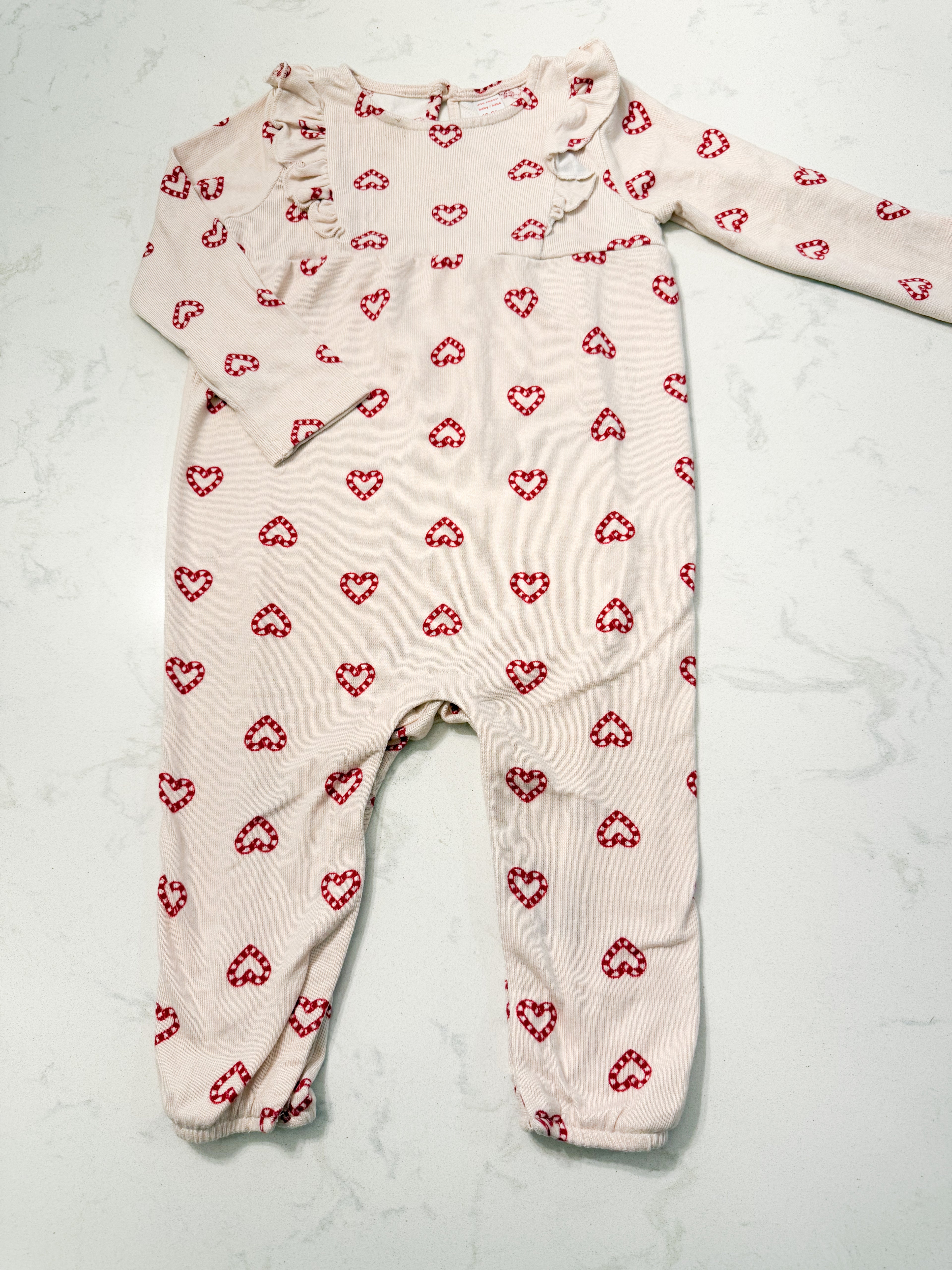 Joe Fresh- 18-24m- VGUC- light pink ruffle romper with candy cane hearts