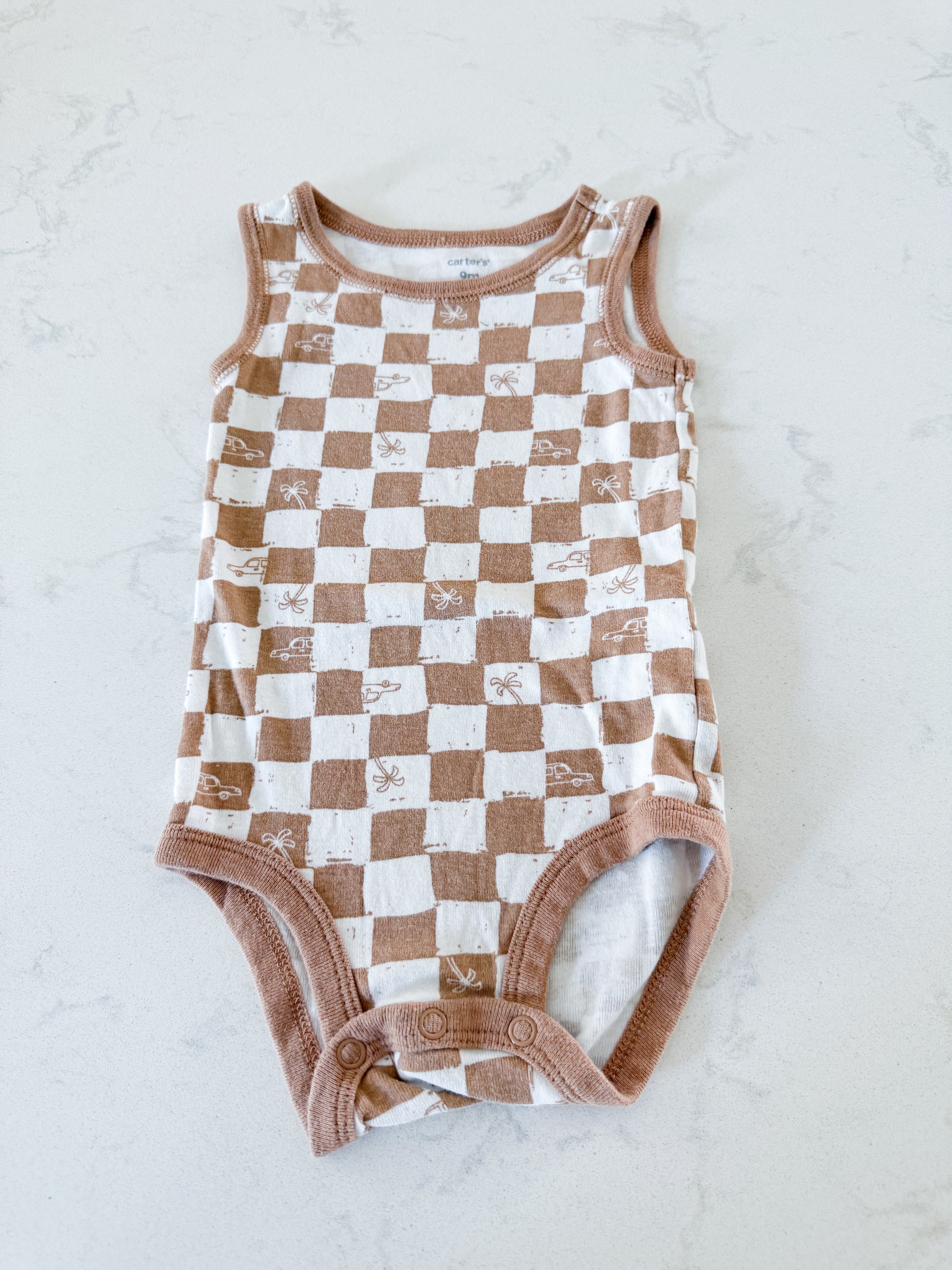 Carters- 9m- GUC- white and beige checkered tank bodysuit with tiny palm trees