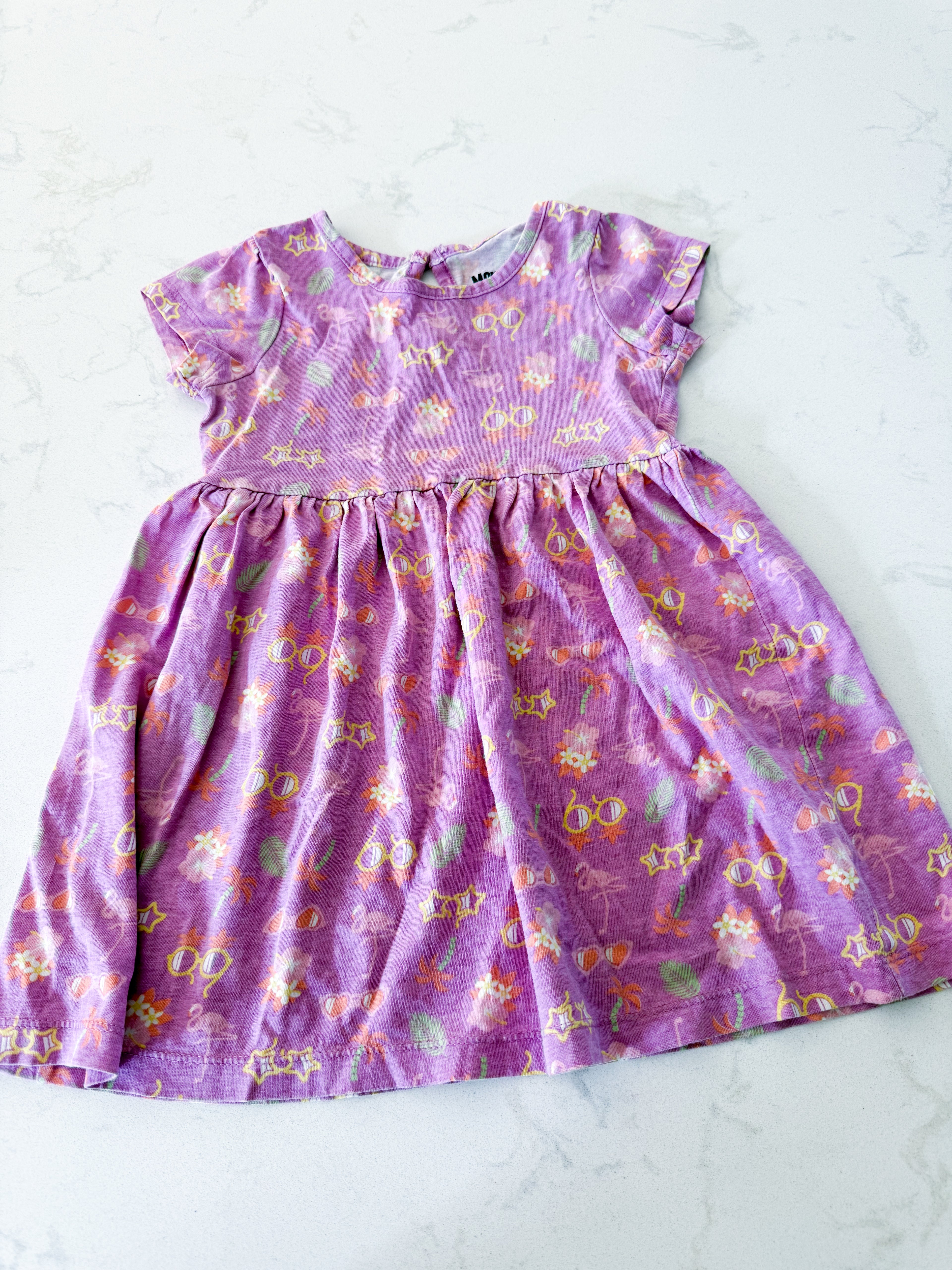 Monkey Bars- 24m- GUC- purple short sleeve dress with summer pattern
