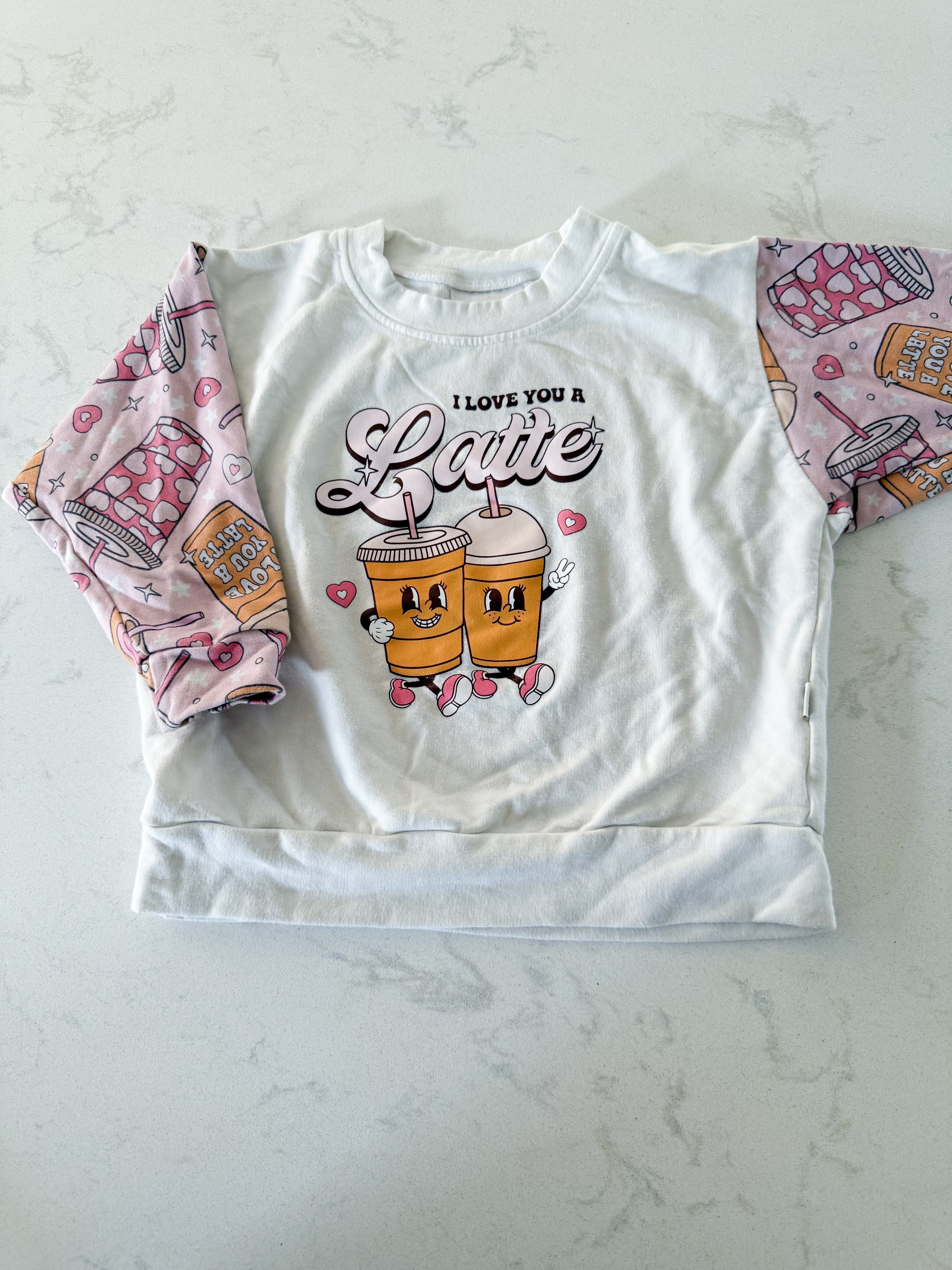 Ellie&B- 18-24m- PLAY- bamboo crew with love you a latte pattern