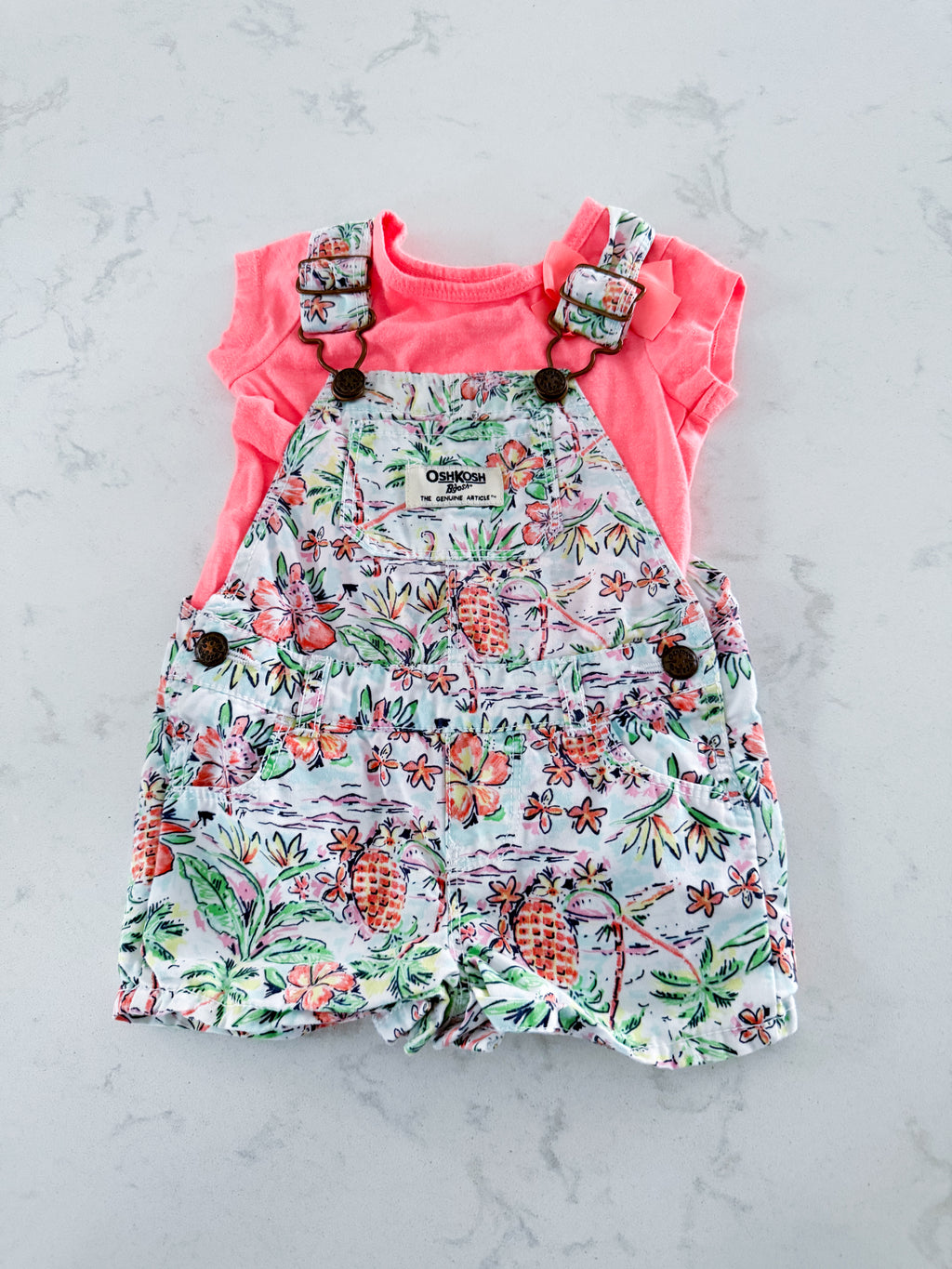 Oshkosh- 6m- VGUC- tropical short overalls with neon pink t shirt