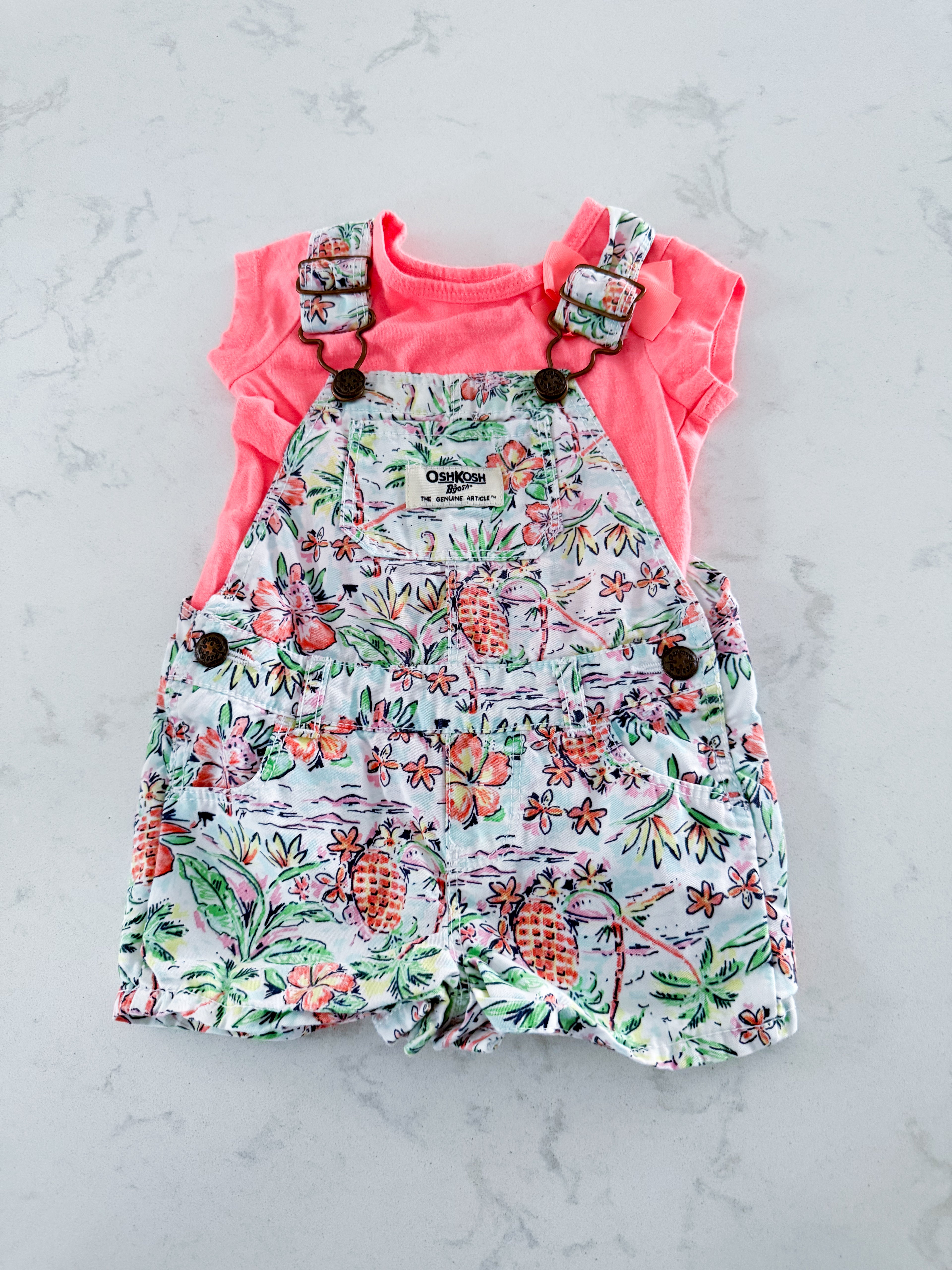Oshkosh- 6m- VGUC- tropical short overalls with neon pink t shirt