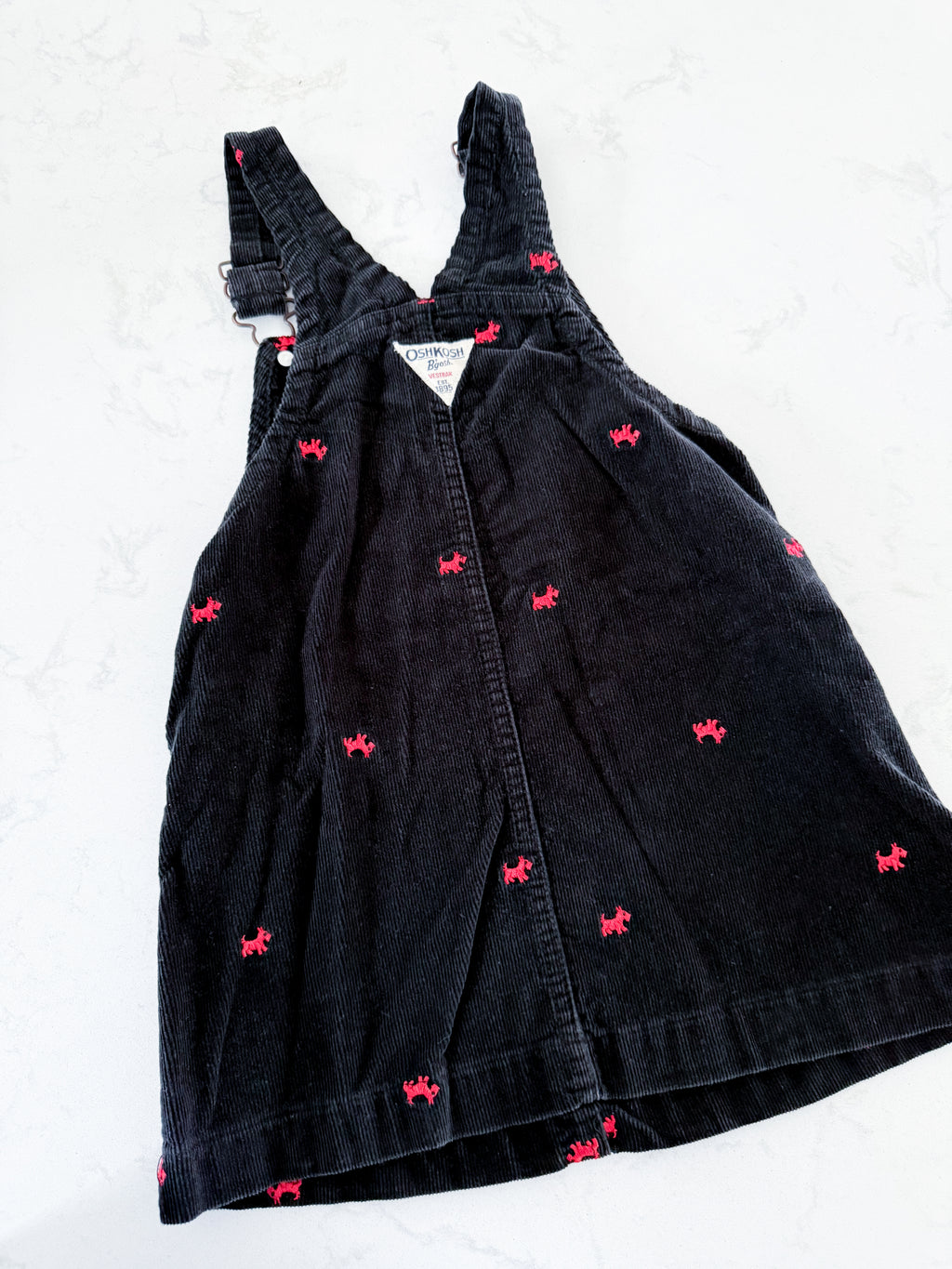 Oshkosh (1996-2002)- 5T- GUC- black corduroy overall dress with embroidered red dogs