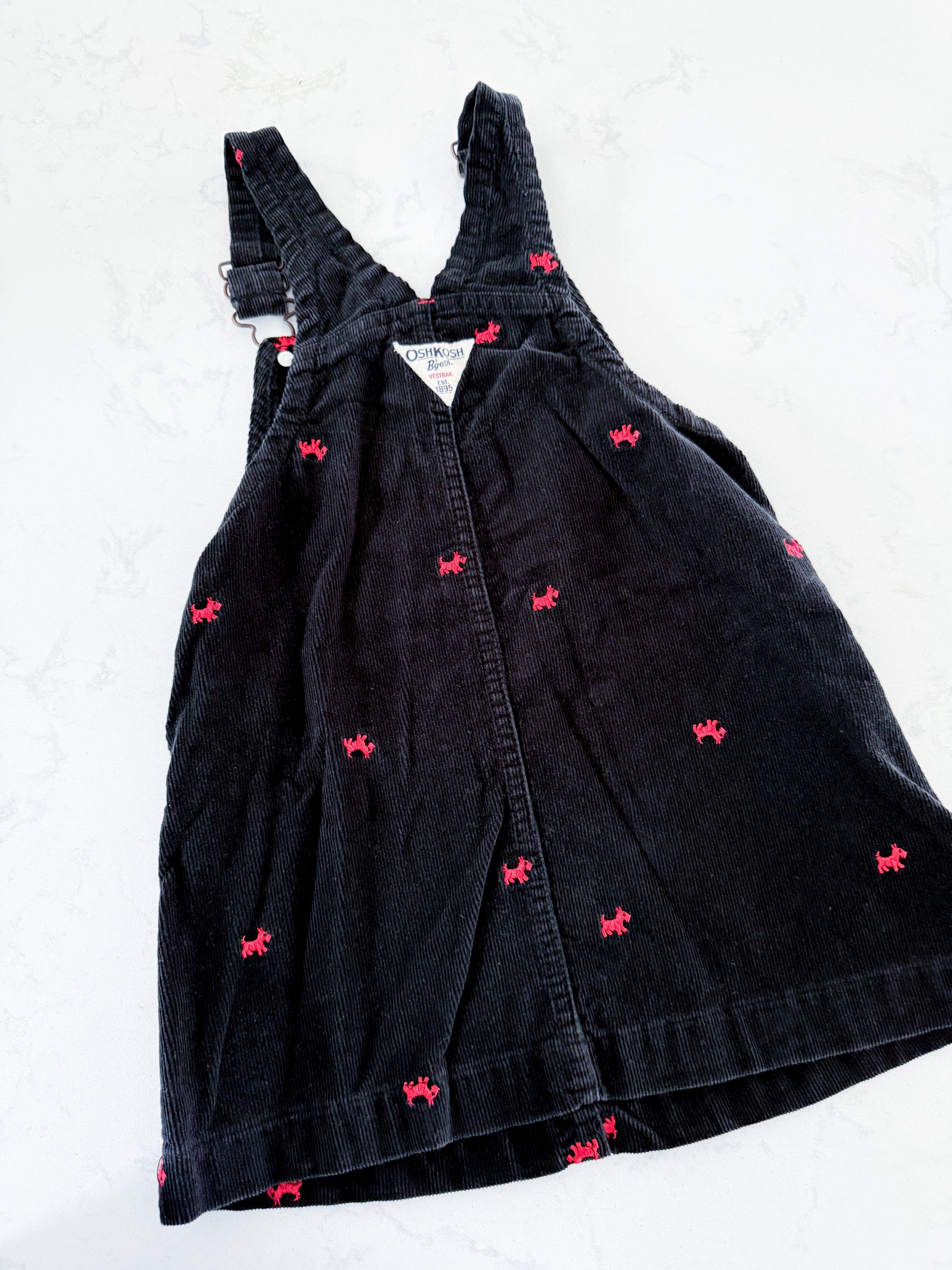 Oshkosh (1996-2002)- 5T- GUC- black corduroy overall dress with embroidered red dogs