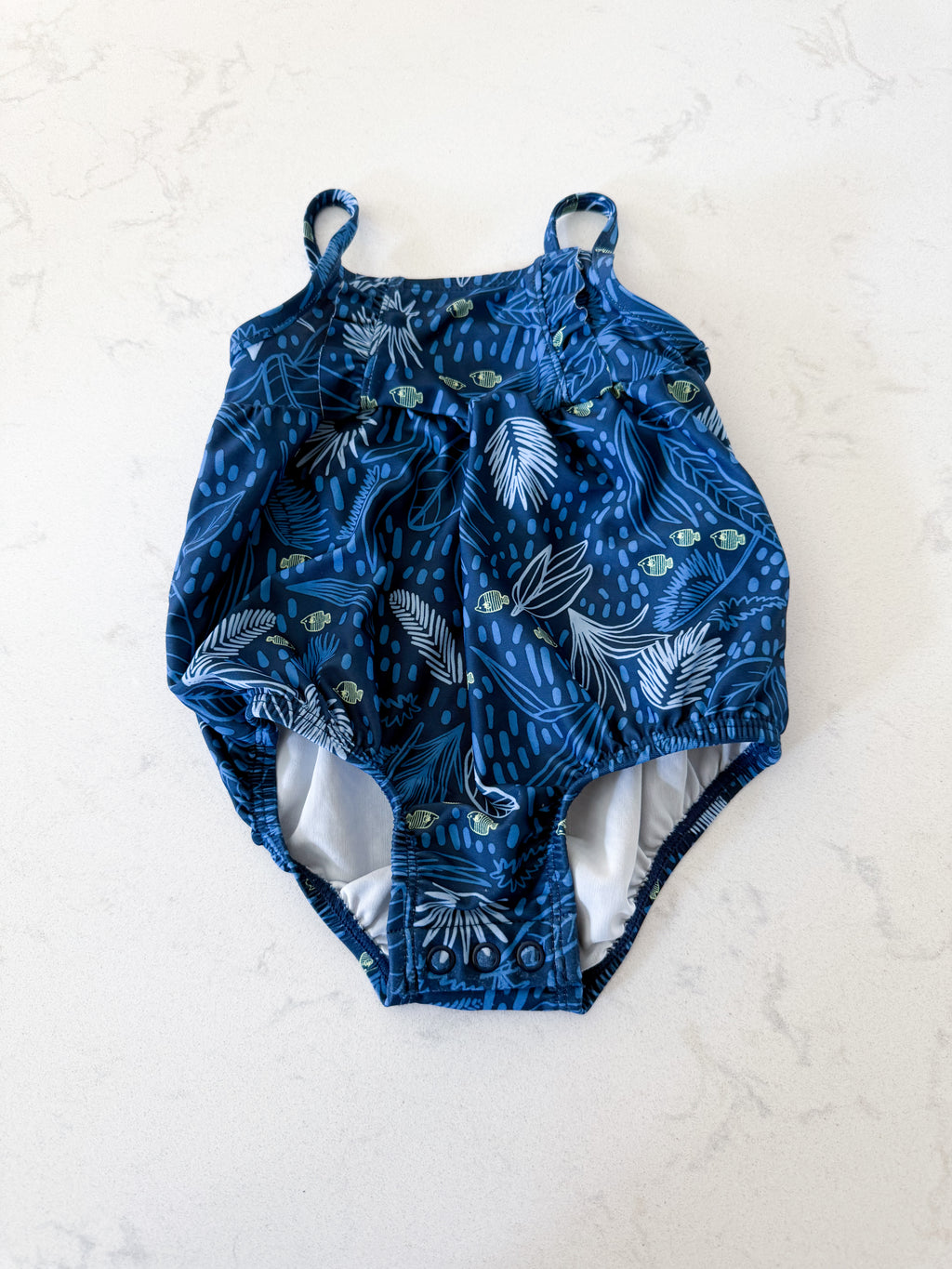 Carters- 6-9m- VGUC- dark blue tank swimsuit with sea life