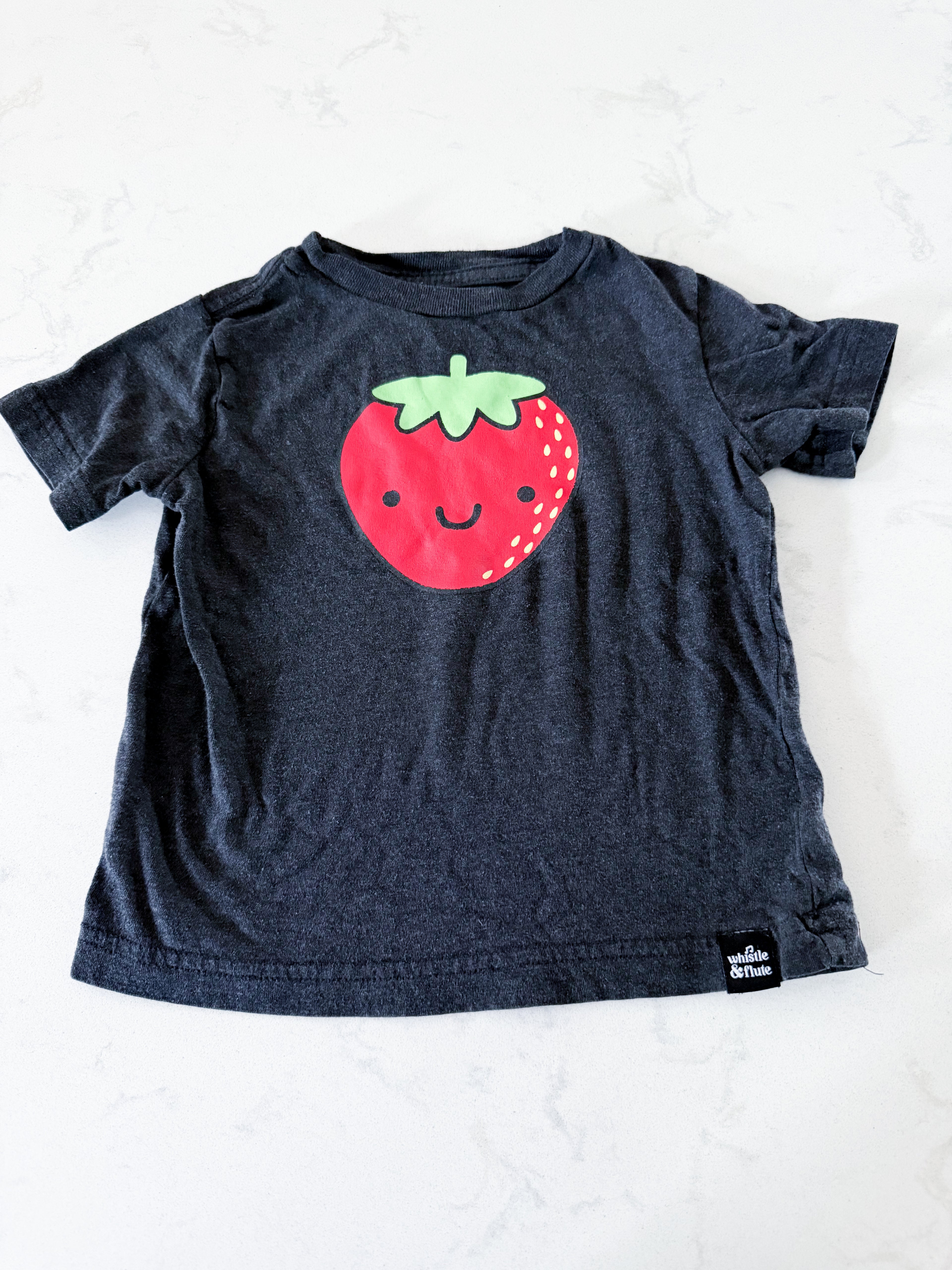 Whistle and flute- 18-24m- GUC- dark grey t shirt with strawberry graphic
