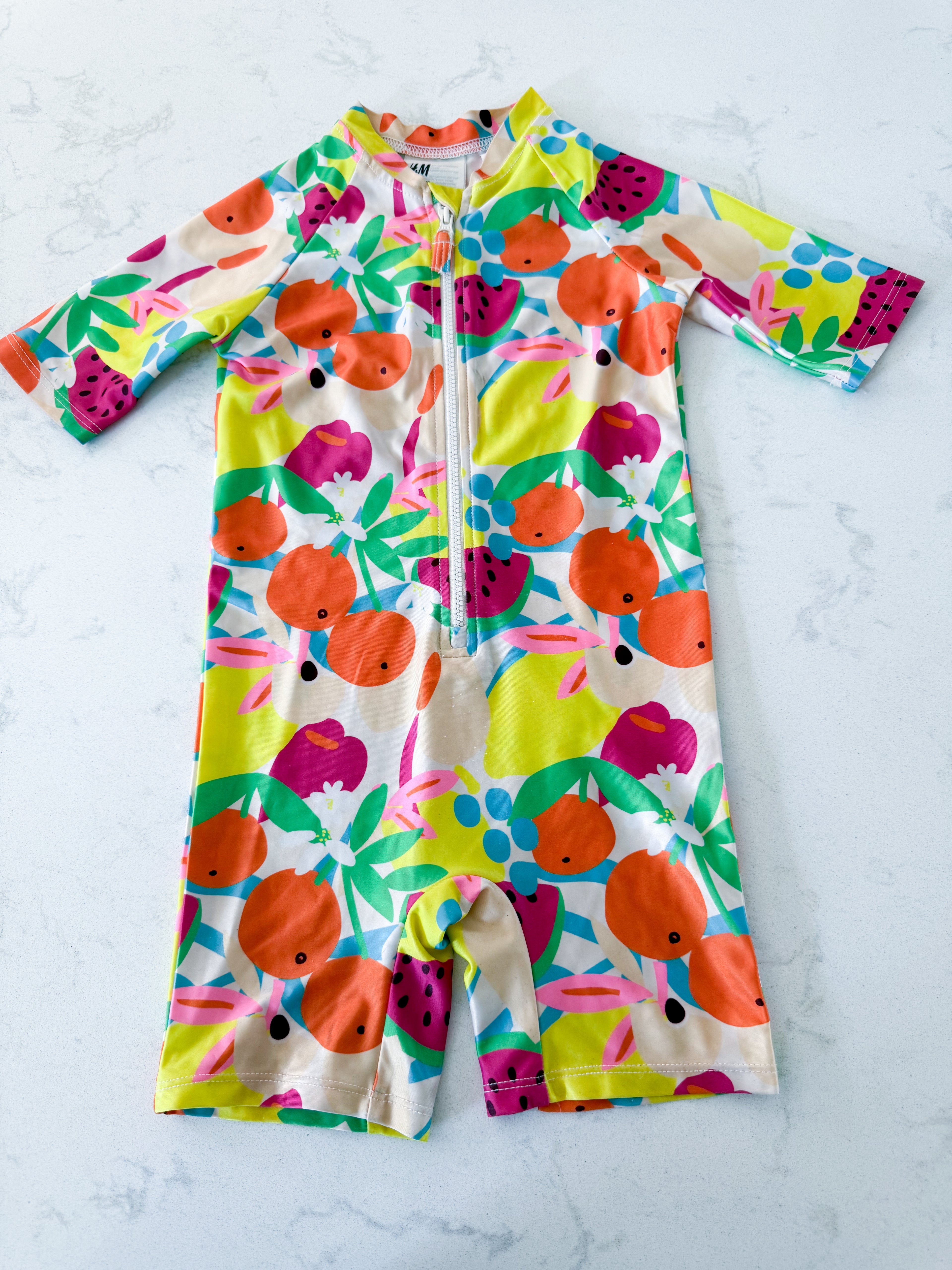 H&M- 2T- PLAY- beige swim suit with bright neon fruits
