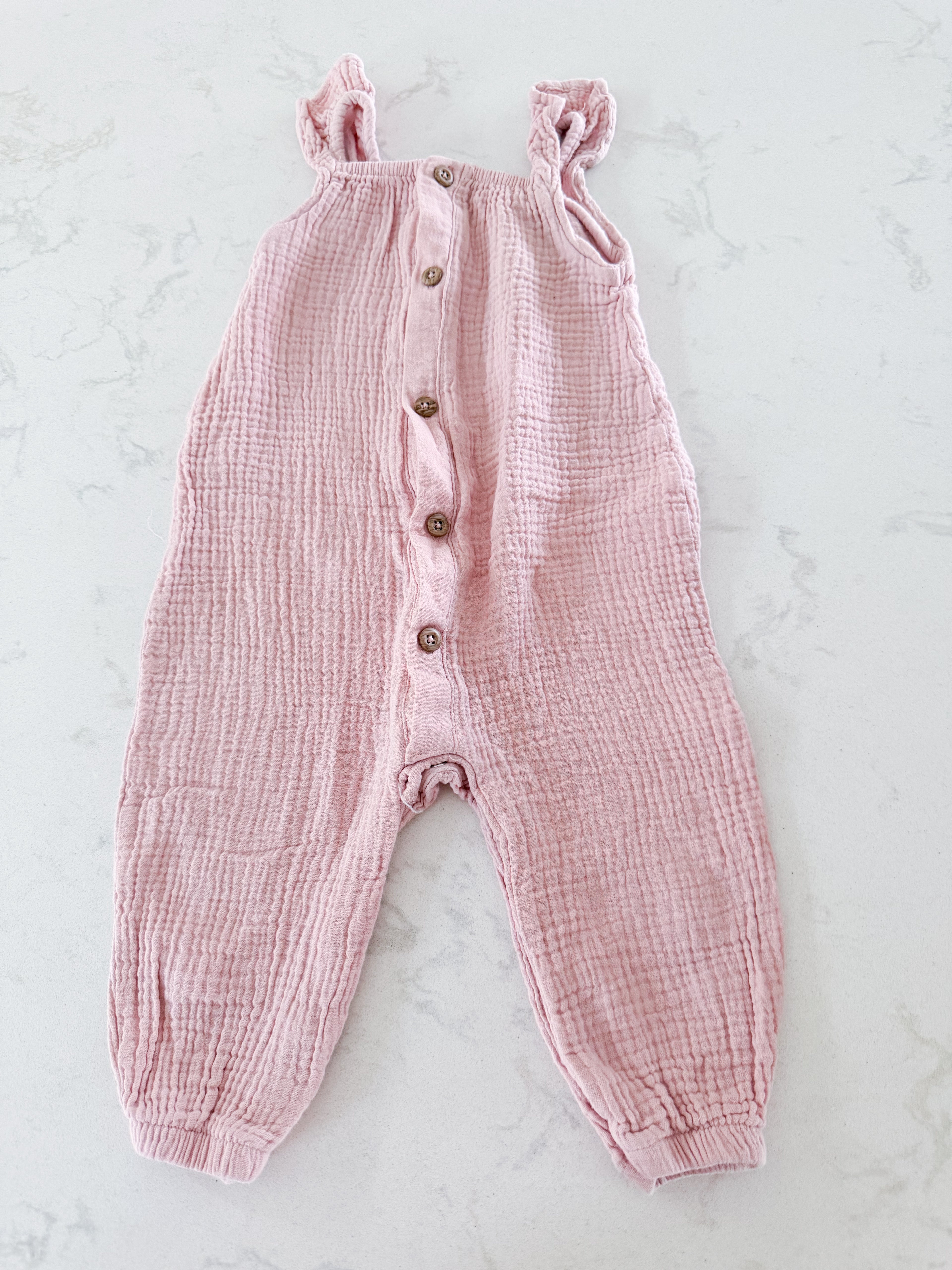 George- 6-12m- VGUC- Muslin pink tank romper with buttons