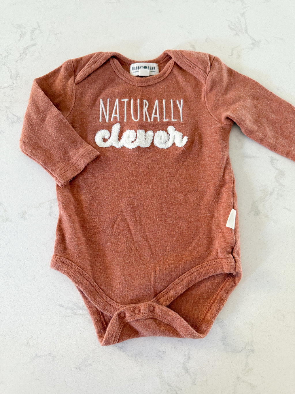 Rabbit and Bear- 6-9m- GUC- long sleeve brown bodysuit with naturally clever