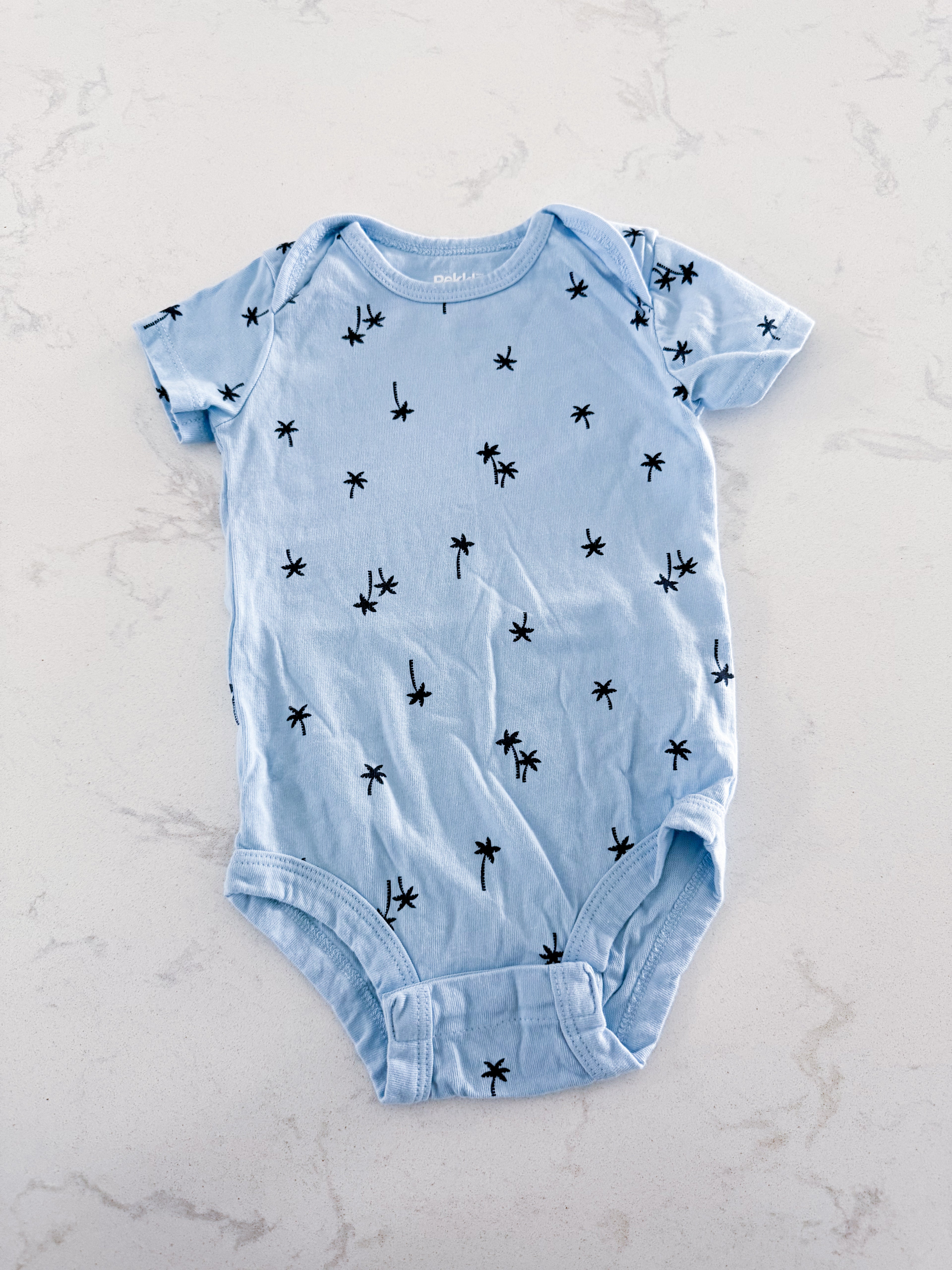 Pekkle- 12m- VGUC- light blue bodysuit with navy blue palm trees