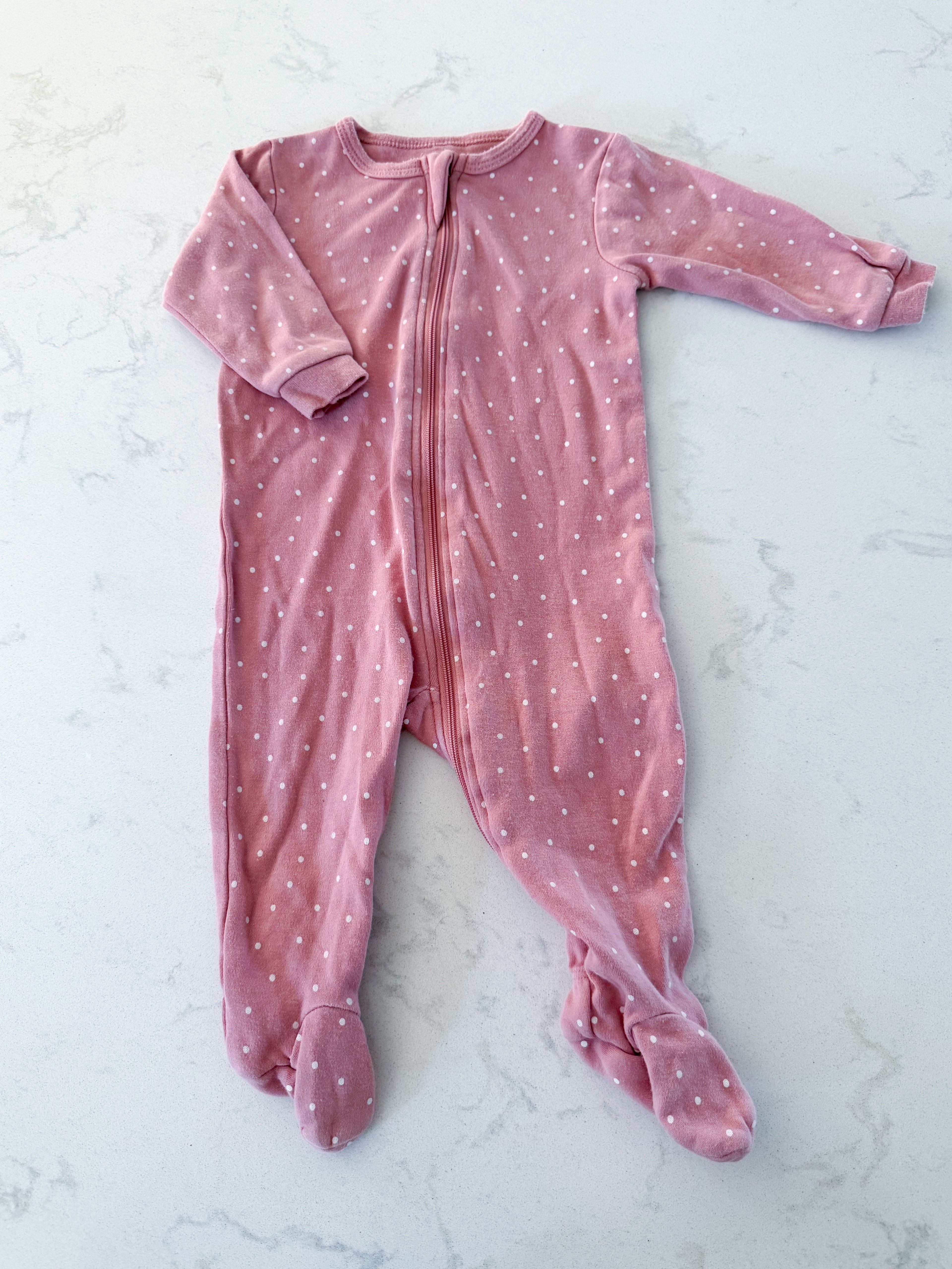 Petit Lem- 6m- GUC- pink with white dots foot pajamas