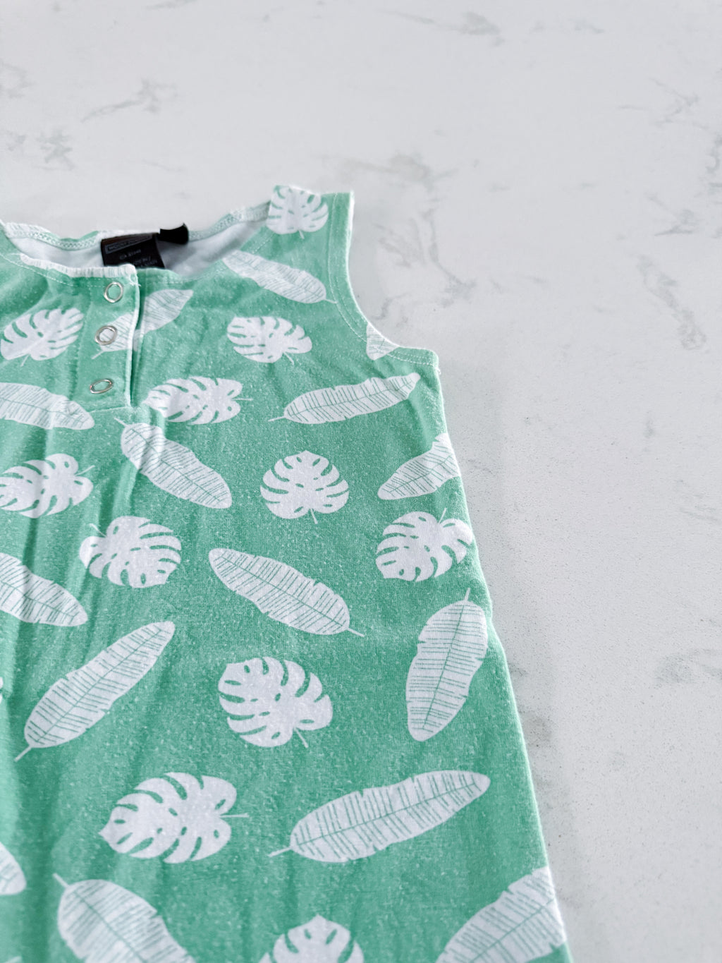 Woodly Doodle- 18-24m- PLAY- light green tank romper bamboo with tropical leaves