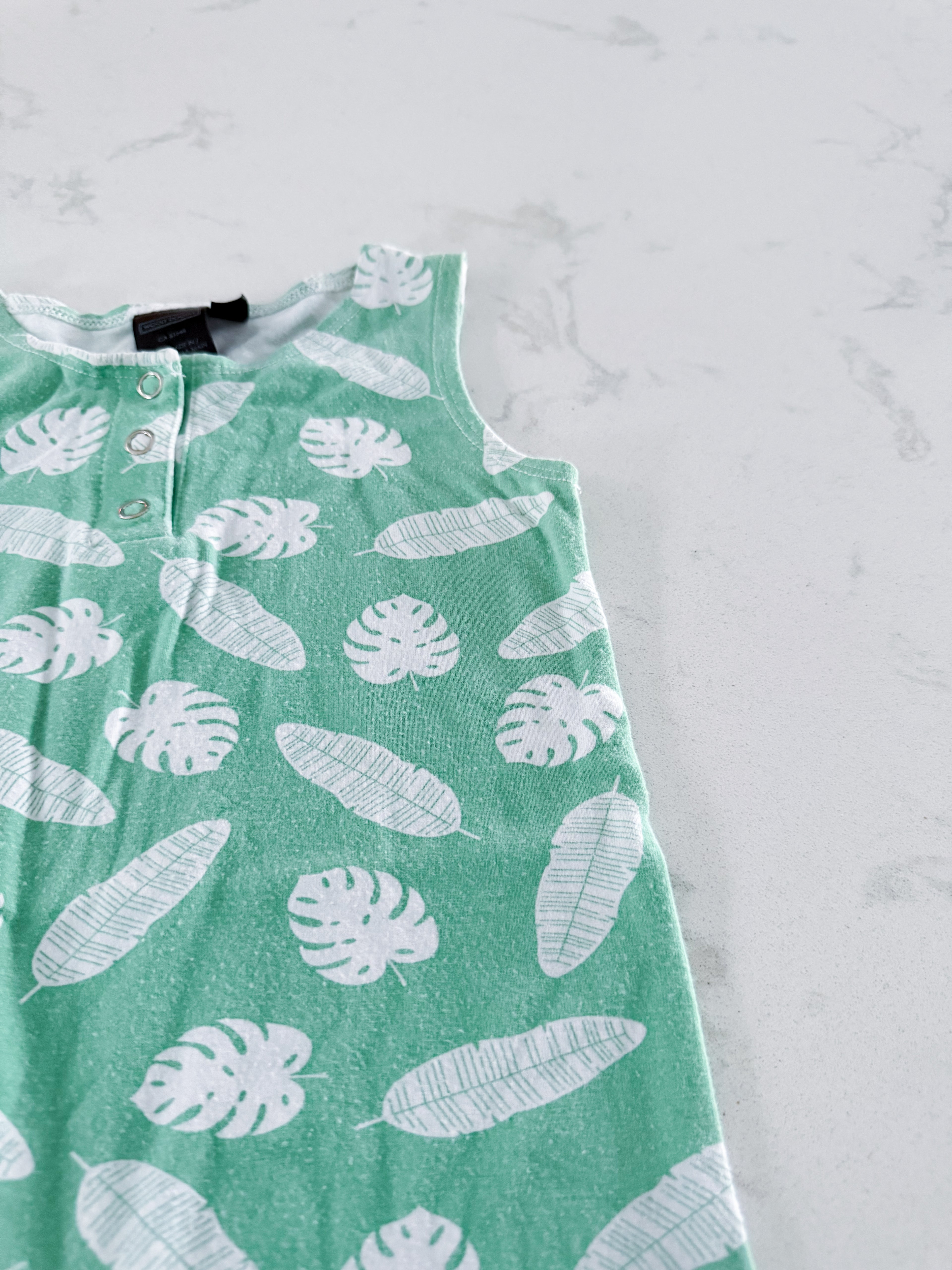 Woodly Doodle- 18-24m- PLAY- light green tank romper bamboo with tropical leaves