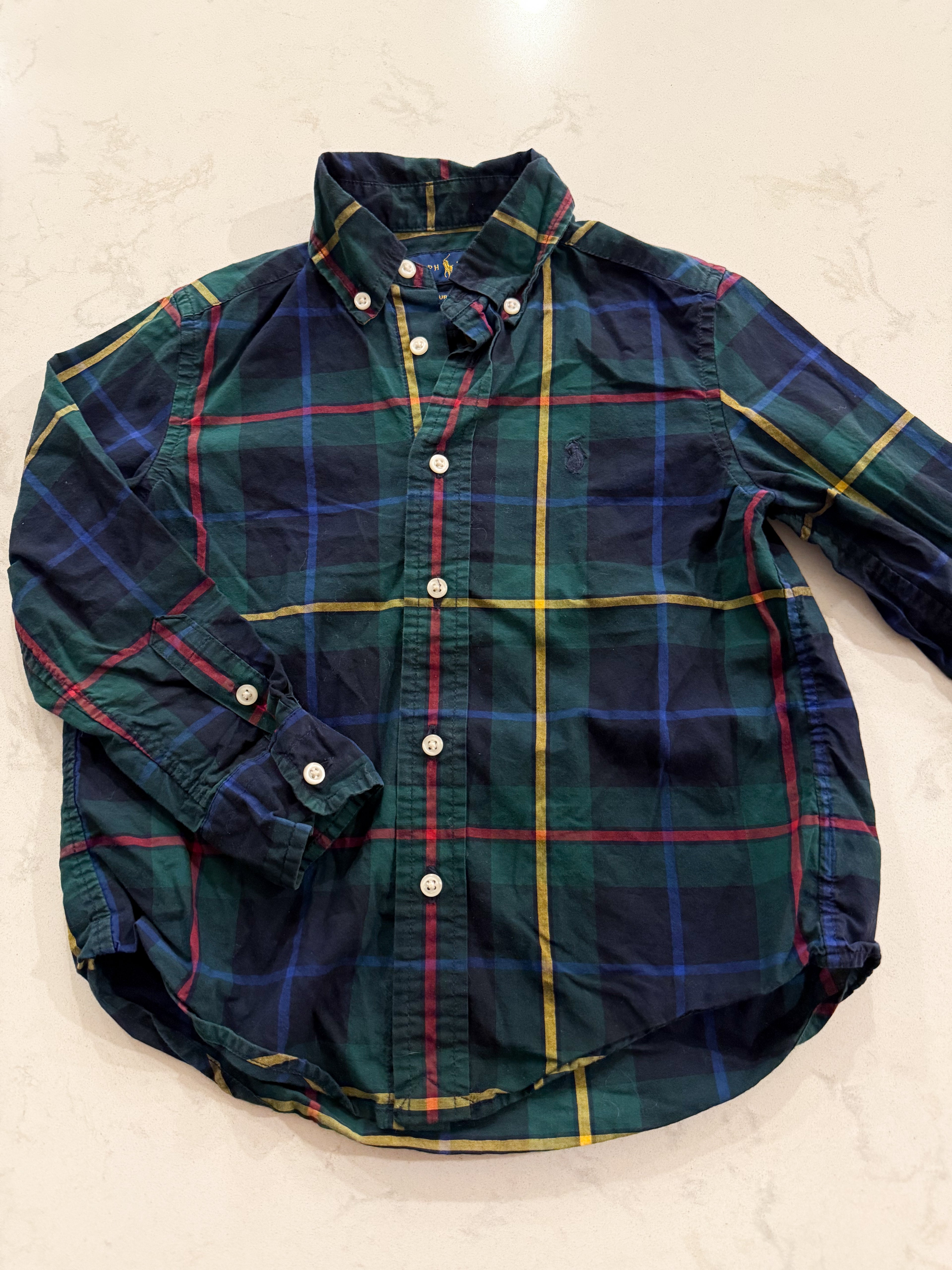 Ralph Lauren- 4T- VGUC- green plaid button up dress shirt