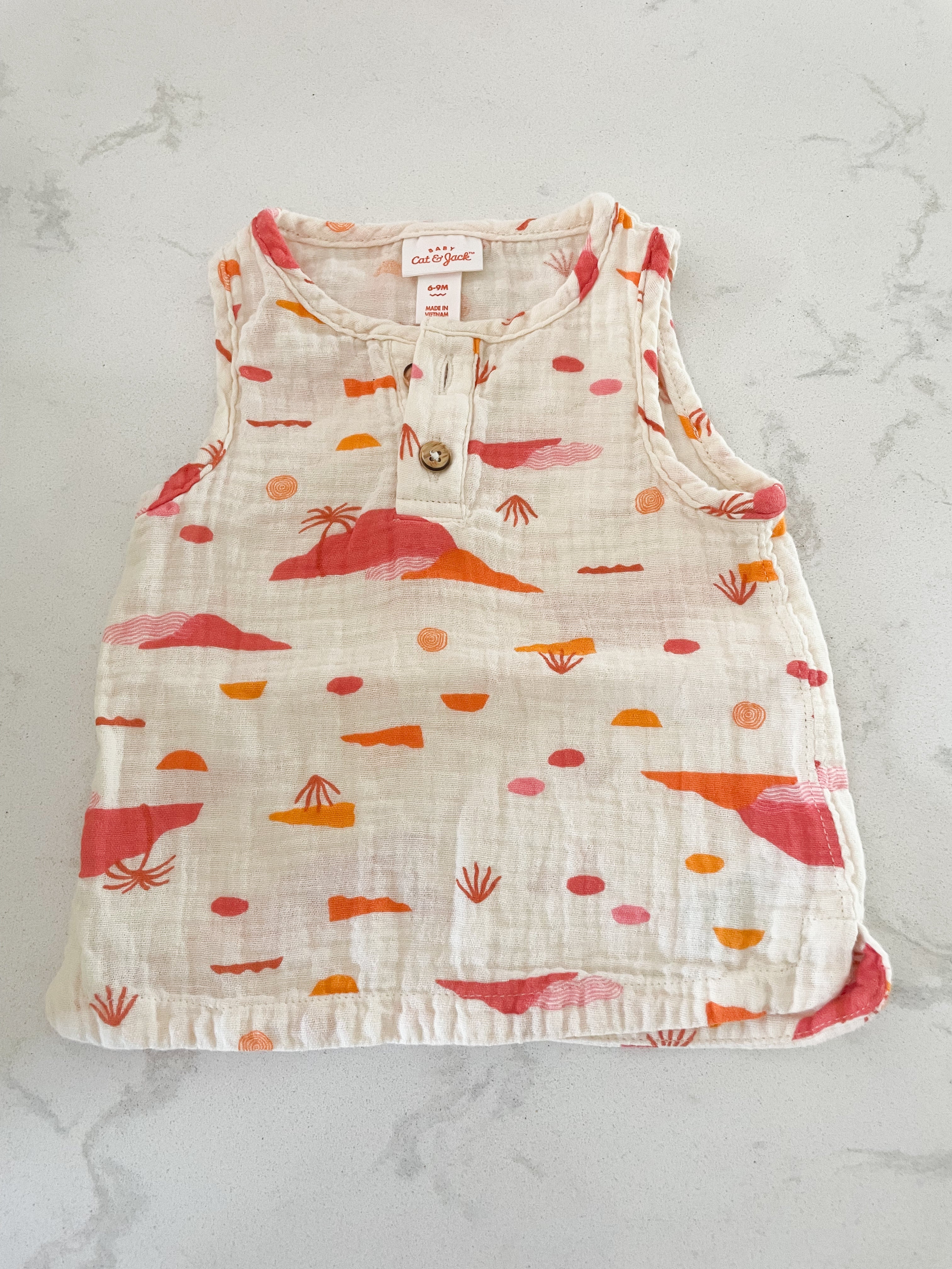Cat and Jack-6-9m-VGUC- off white Muslim tank with tropical pattern