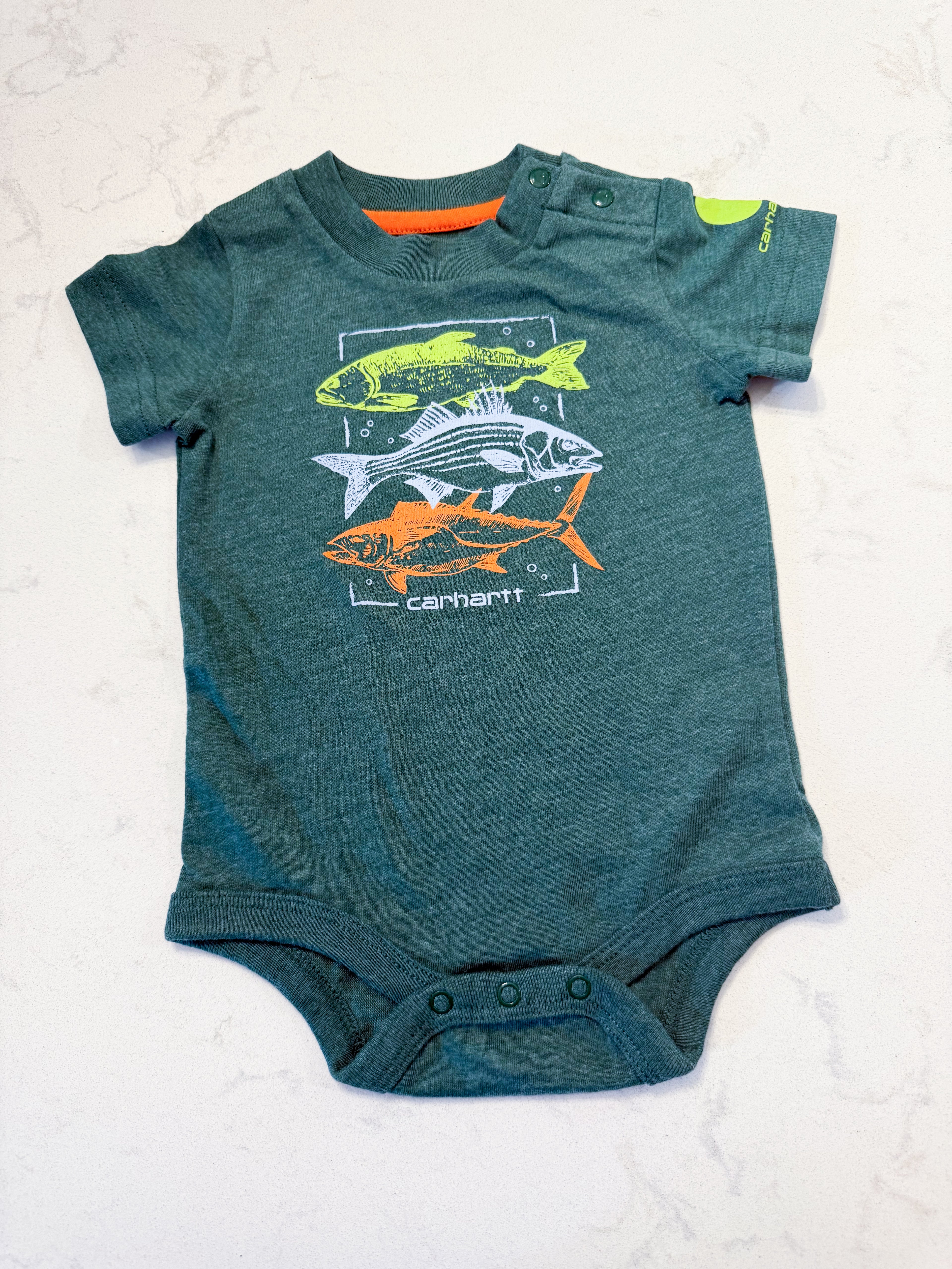 Carhartt- 6m- VGUC- green short sleeve bodysuit with fish on front