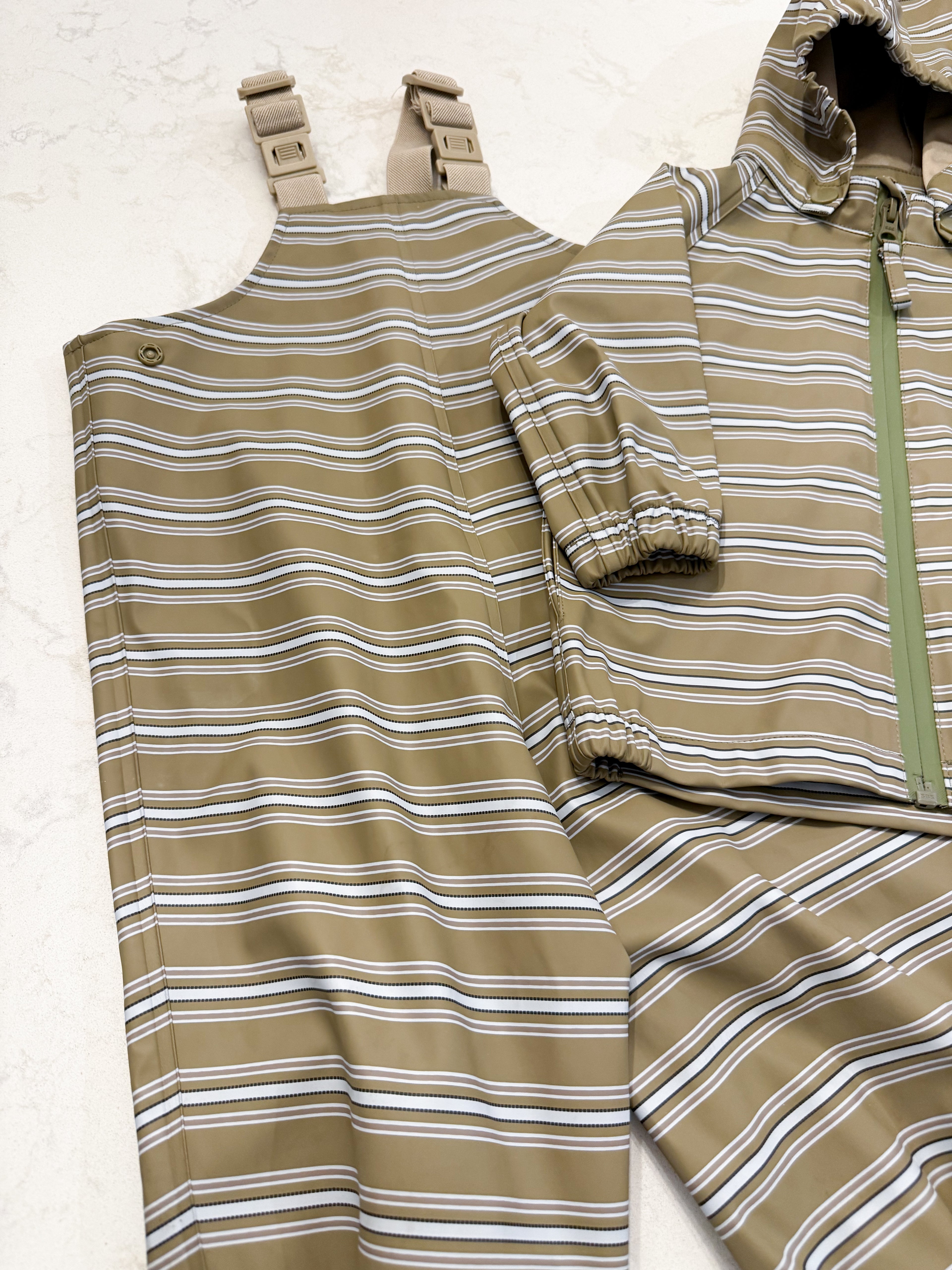 Wheat- 9m (fits 12-24m)- VGUC- neutral striped two piece rainsuit