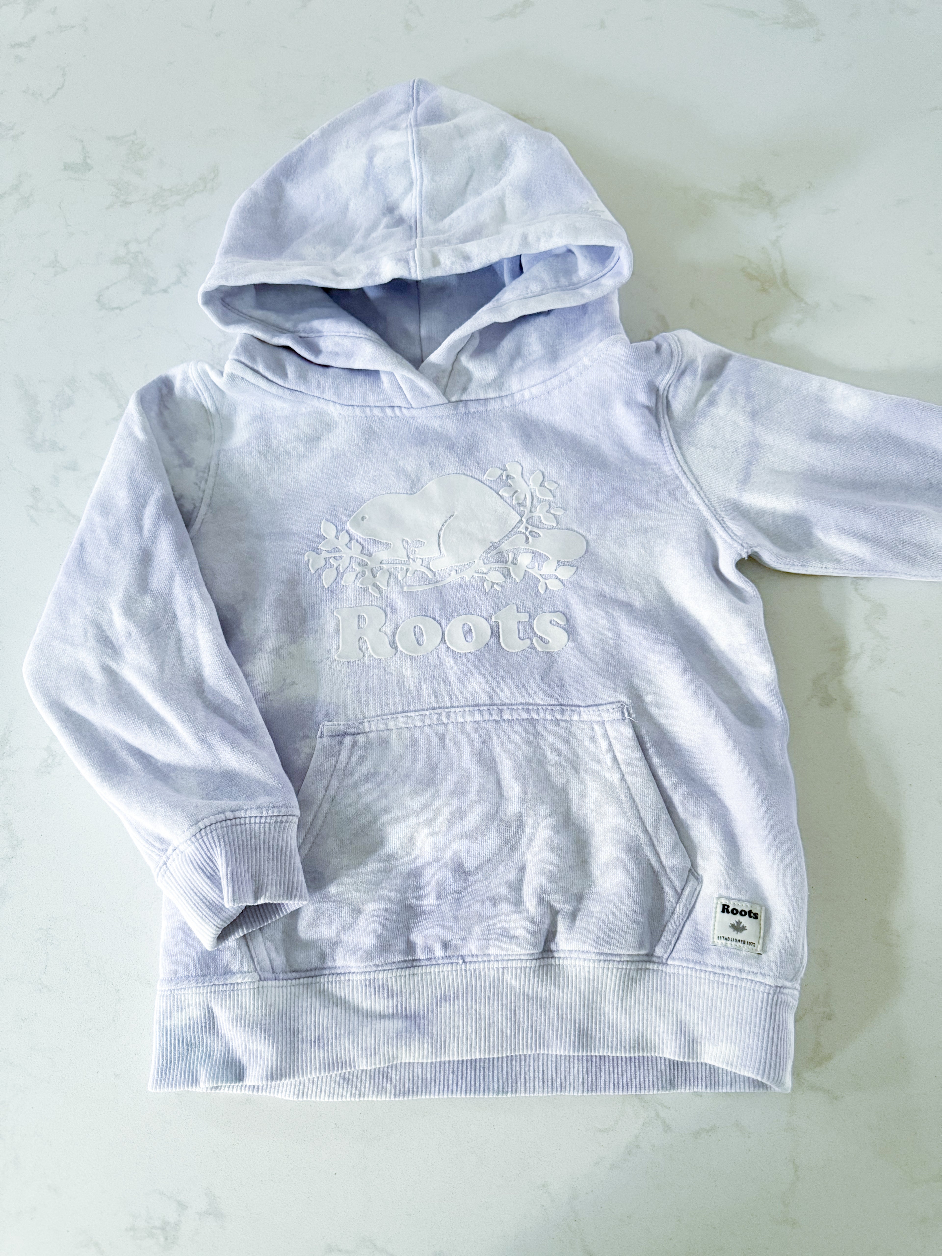 Roots- 9-10Y- VGUC- light purple and white hoodie with white logo