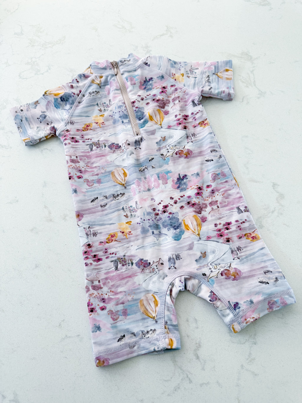 Wheat Kids- 9m- VGUC- pastel pink and blue swim suit with country side pattern