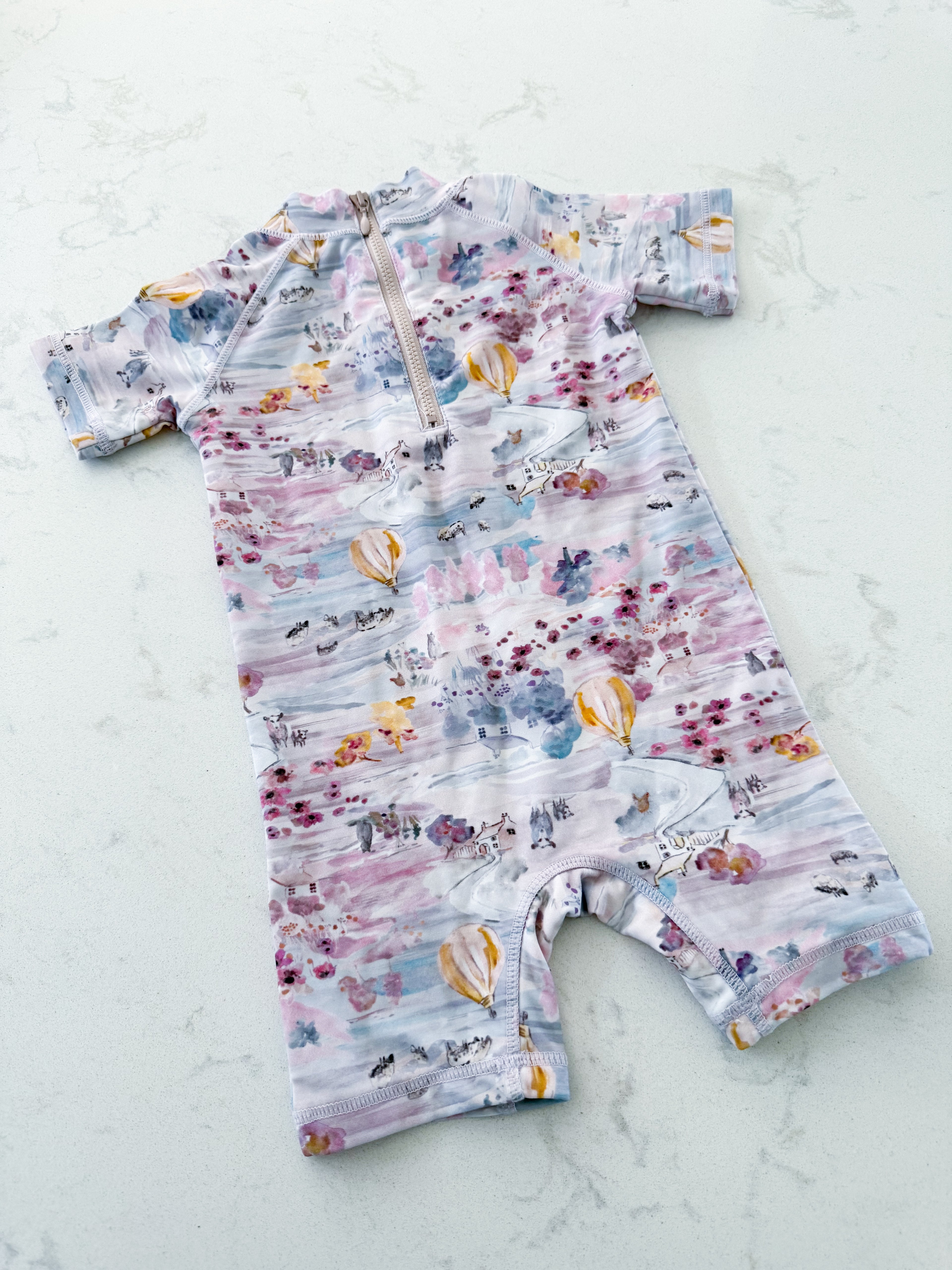 Wheat Kids- 9m- VGUC- pastel pink and blue swim suit with country side pattern