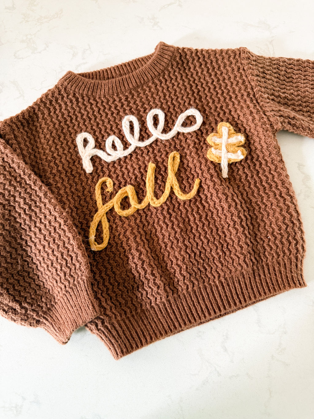 No brand (homemade)- fits like 3T- GUC- brown knit sweater with hello fall embroidery