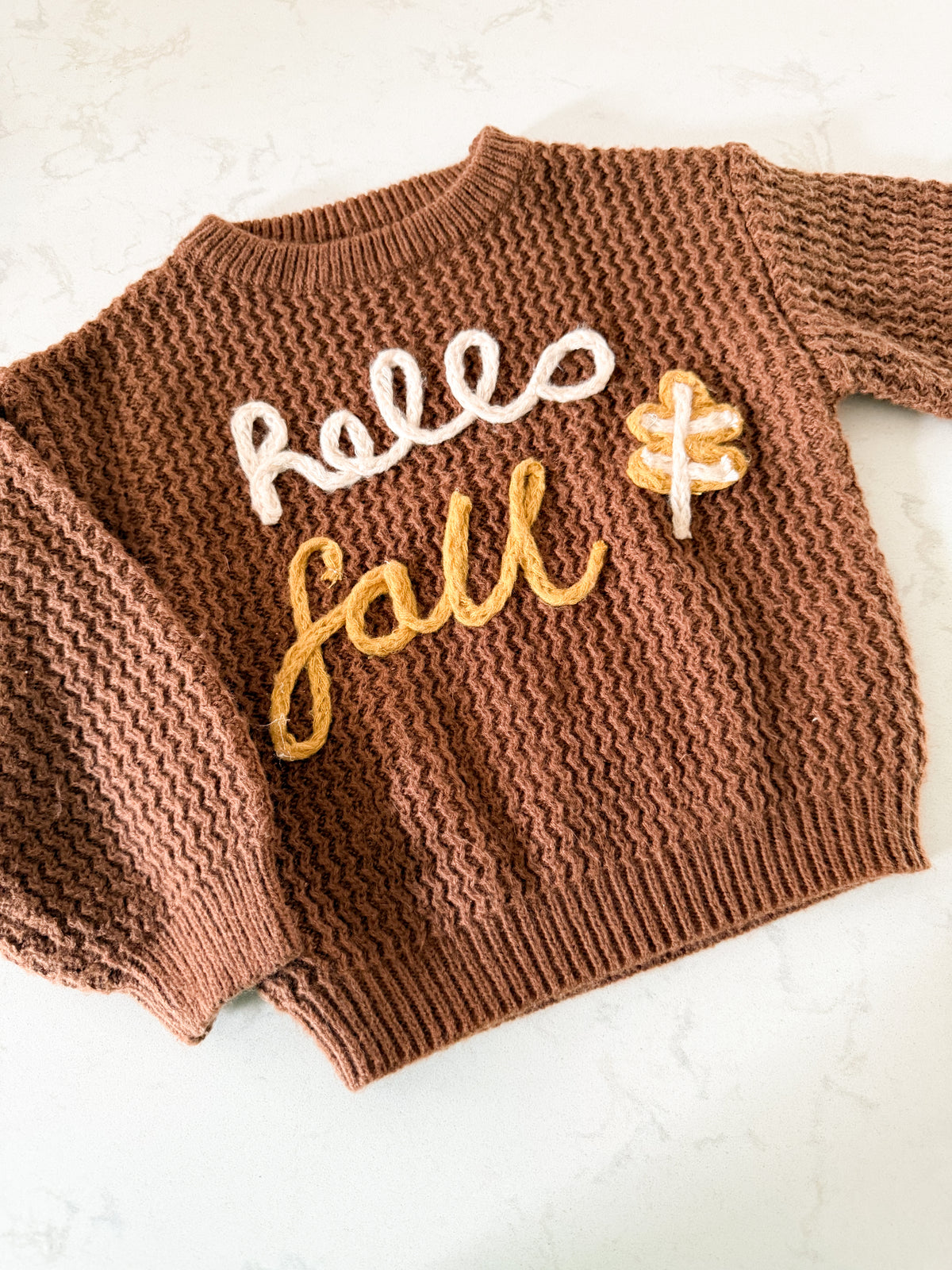 No brand (homemade)- fits like 3T- GUC- brown knit sweater with hello fall embroidery