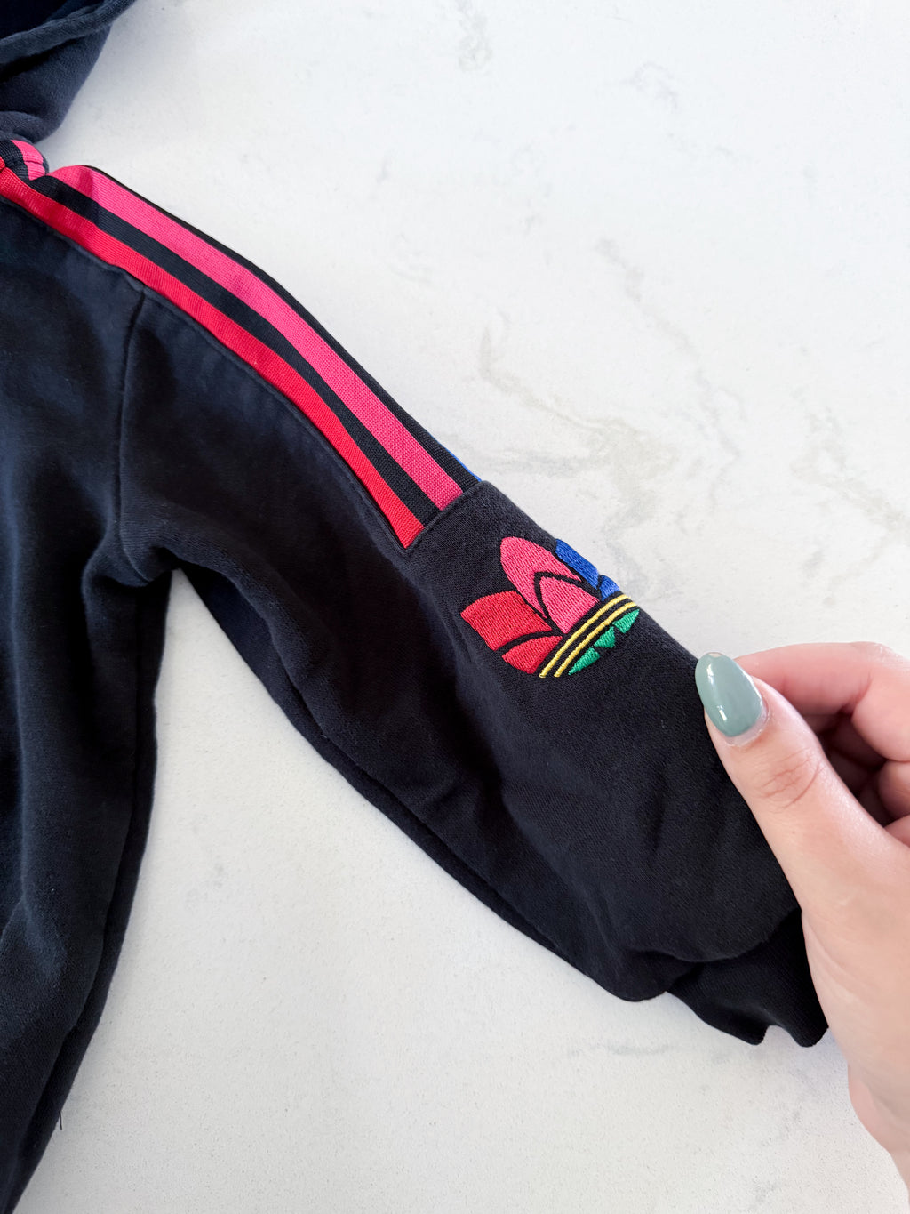 Adidas- 12-18m- GUC- black zip up hoodie with embroidered logo