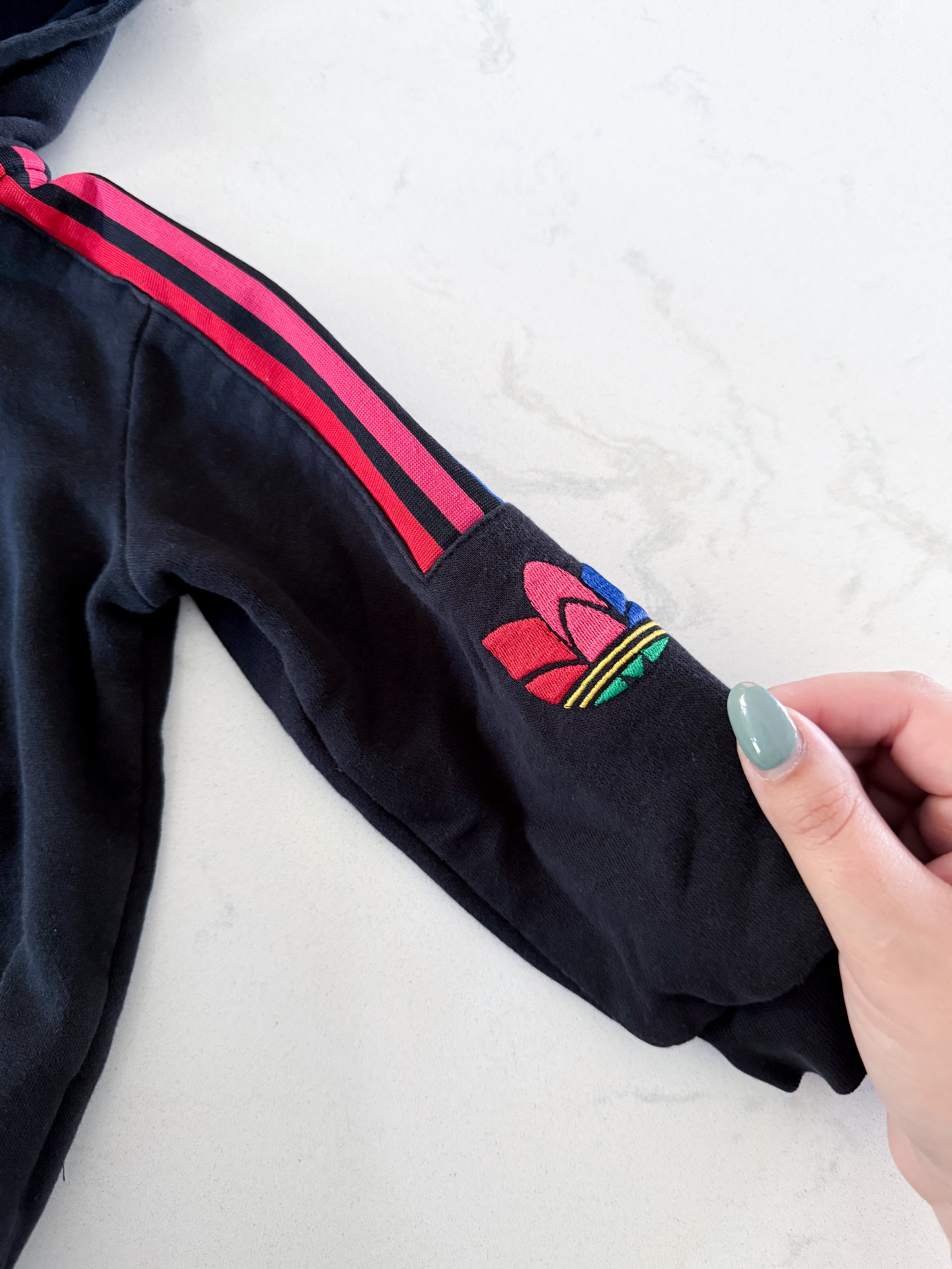 Adidas- 12-18m- GUC- black zip up hoodie with embroidered logo