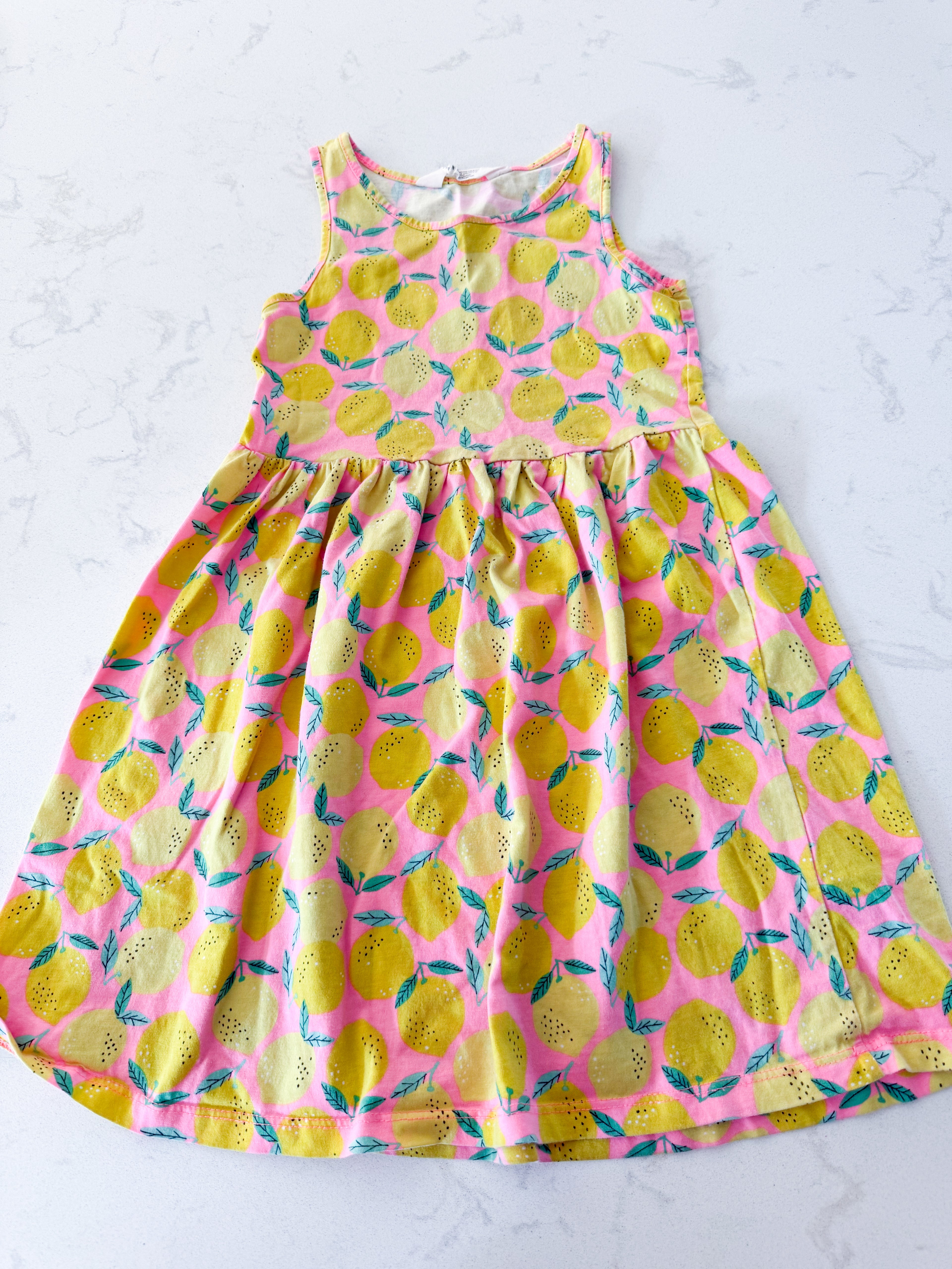 H&M- 4-6Y- GUC- bright pink tank dress with yellow lemons