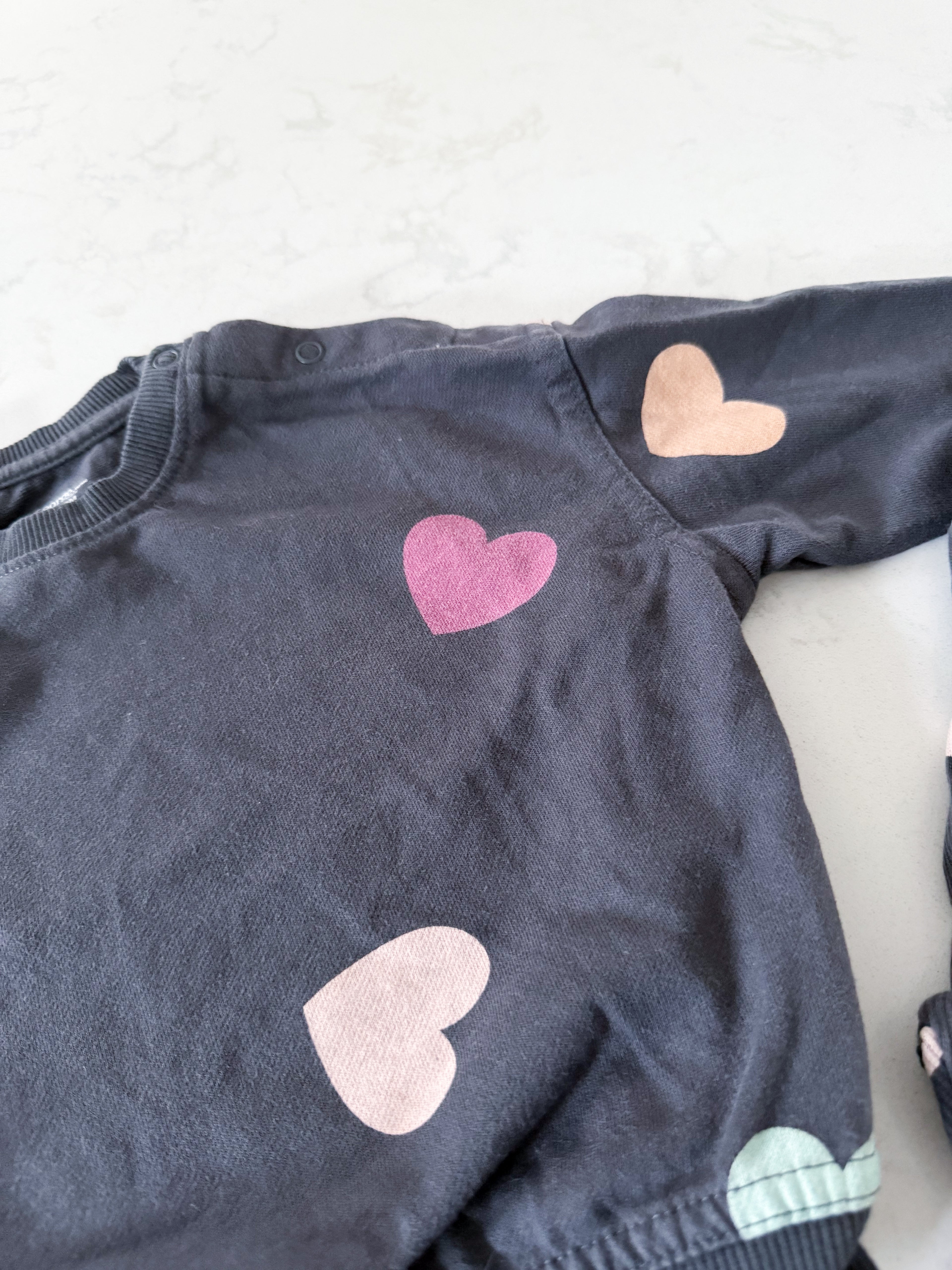 George- 12-18m- GUC- two piece dark grey sweat set with hearts and ribbed leggings