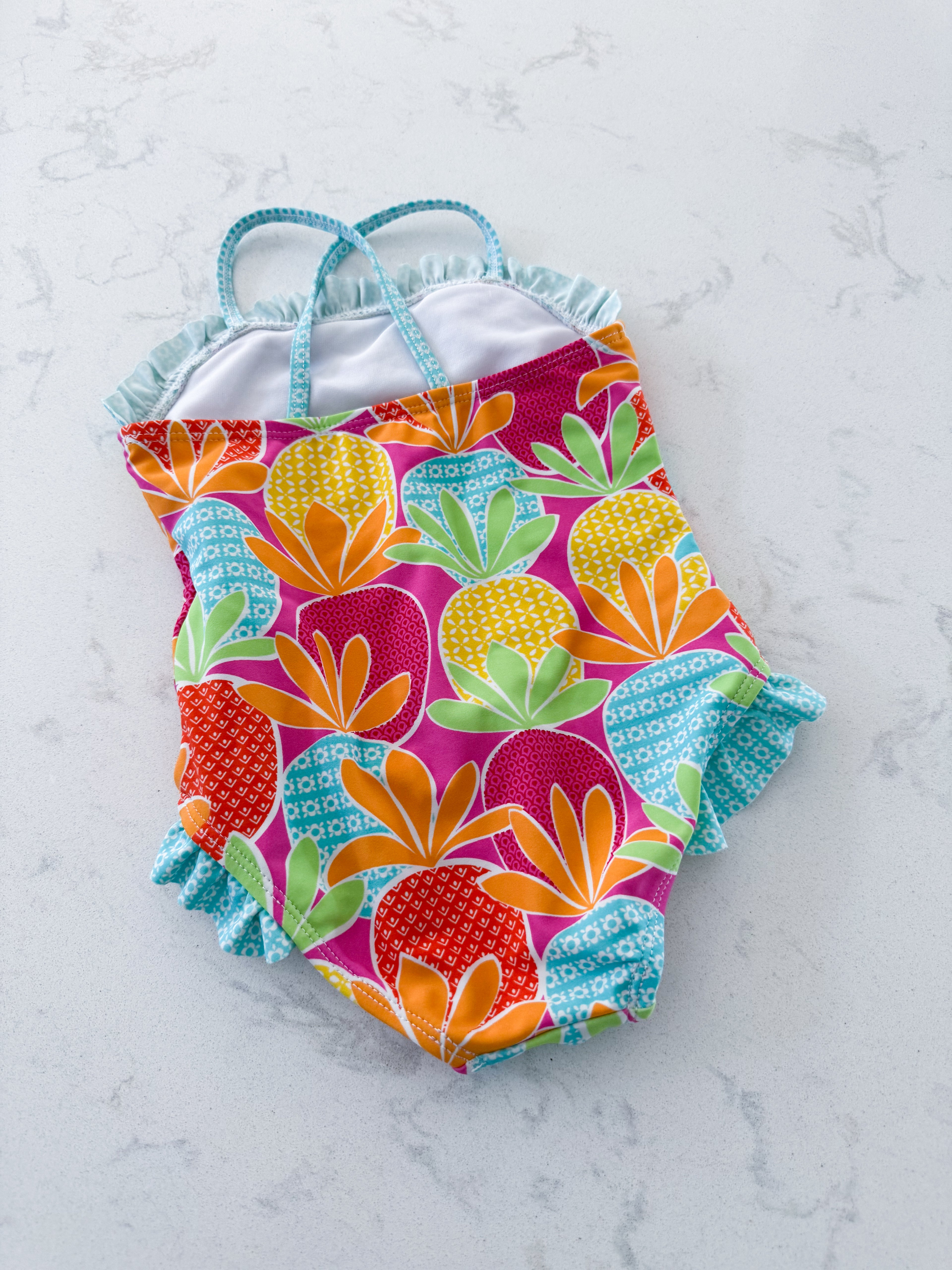 Breaking Waves- 2T- VGUC- bright coloured swim suit with ruffles