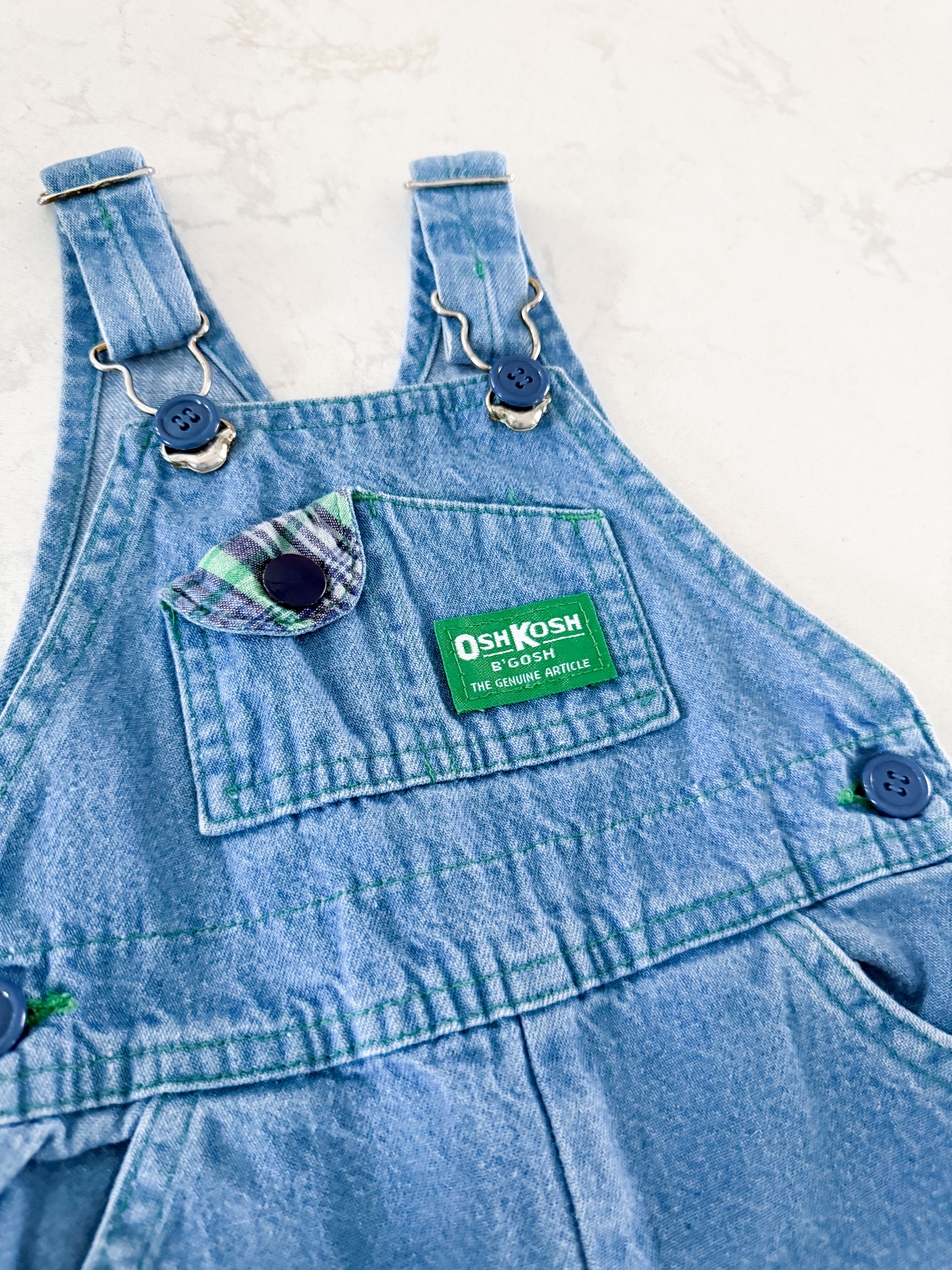 Oshkosh (early 90s)- 12m- VGUC- jean vintage Oshkosh overalls with green accents