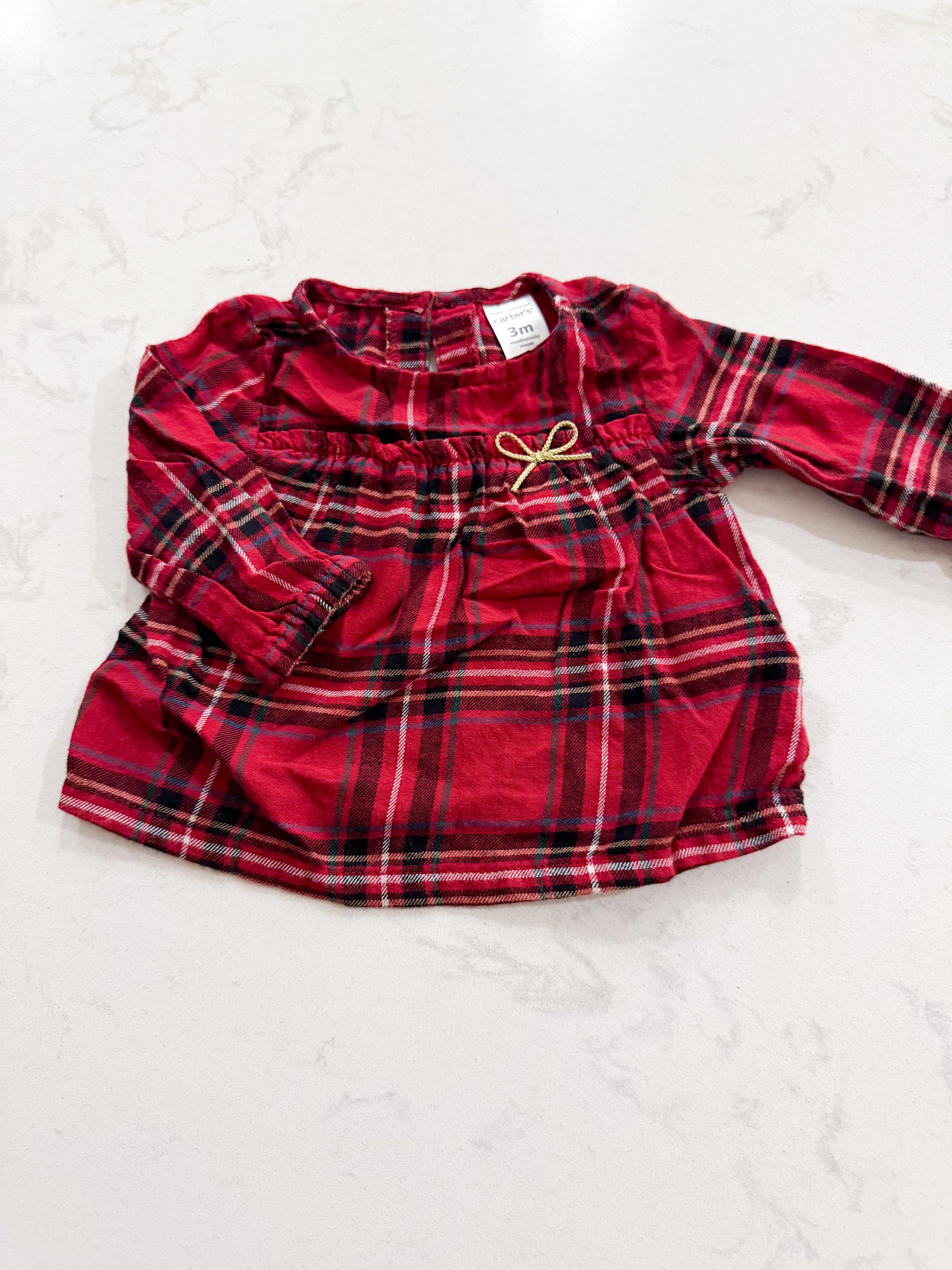 Carter’s- 3m- GUC- red plaid shirt with gold string bow
