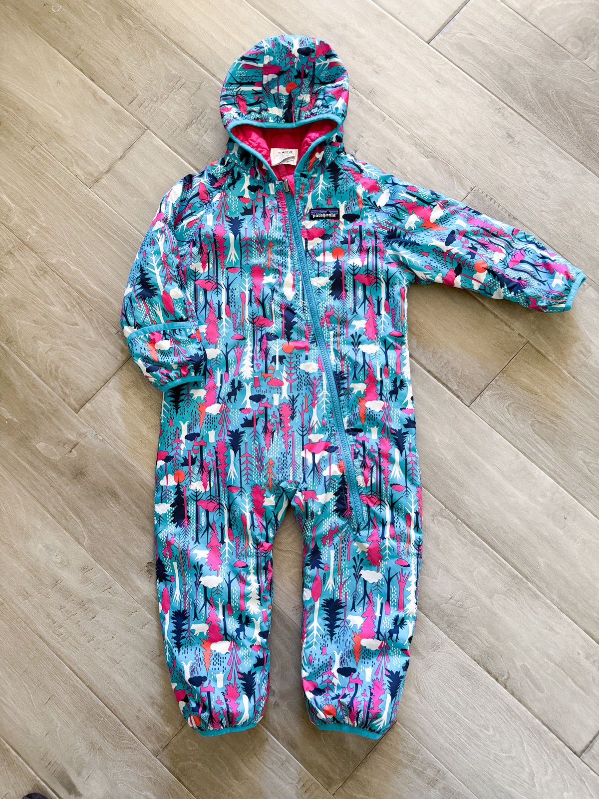 Patagonia- 12-18m- VGUC- reversible thin quilted bunting suit with fold over feet and hands