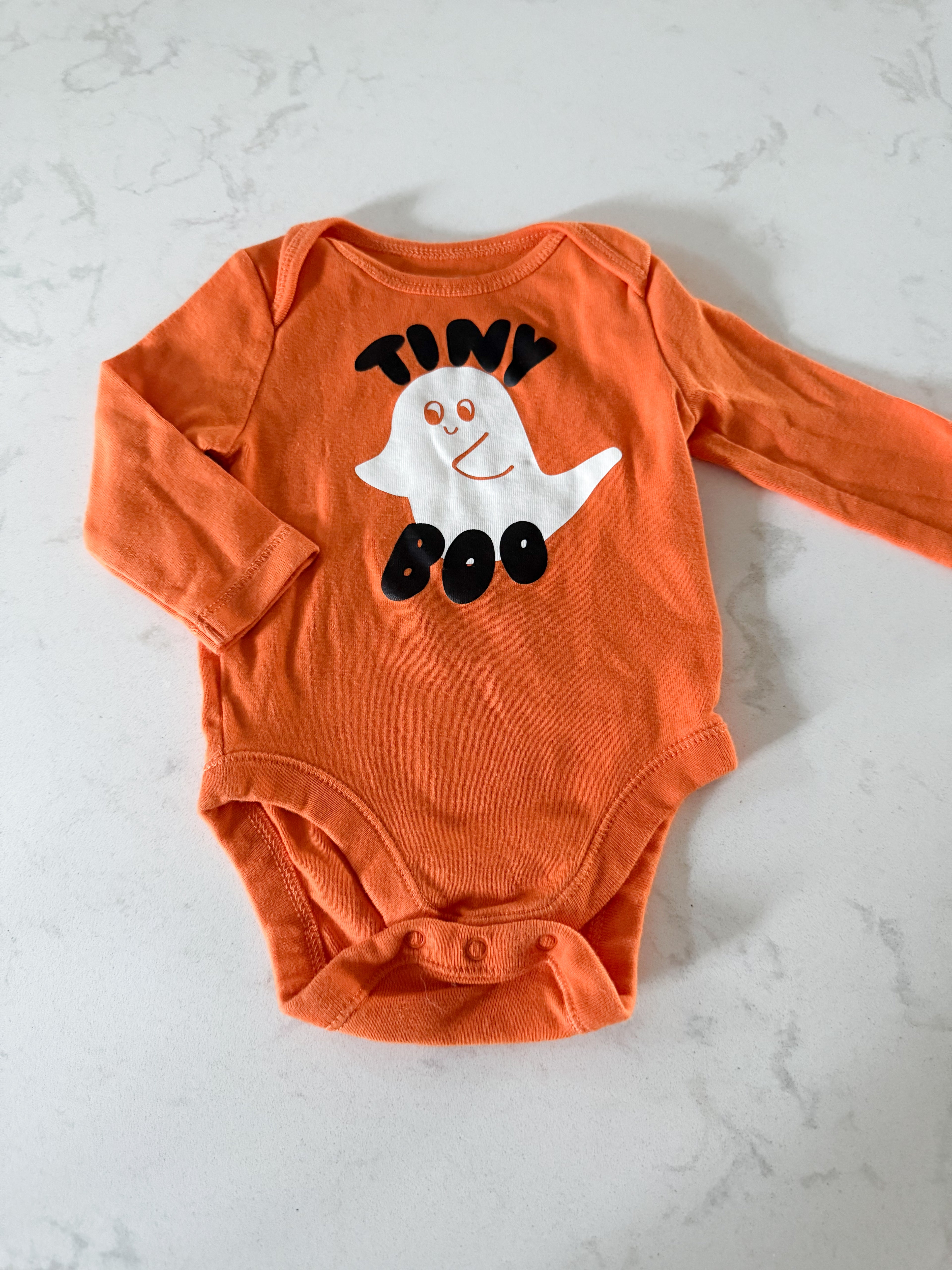 Old Navy- 3-6m- GUC- orange long sleeve bodysuit “tiny boo”