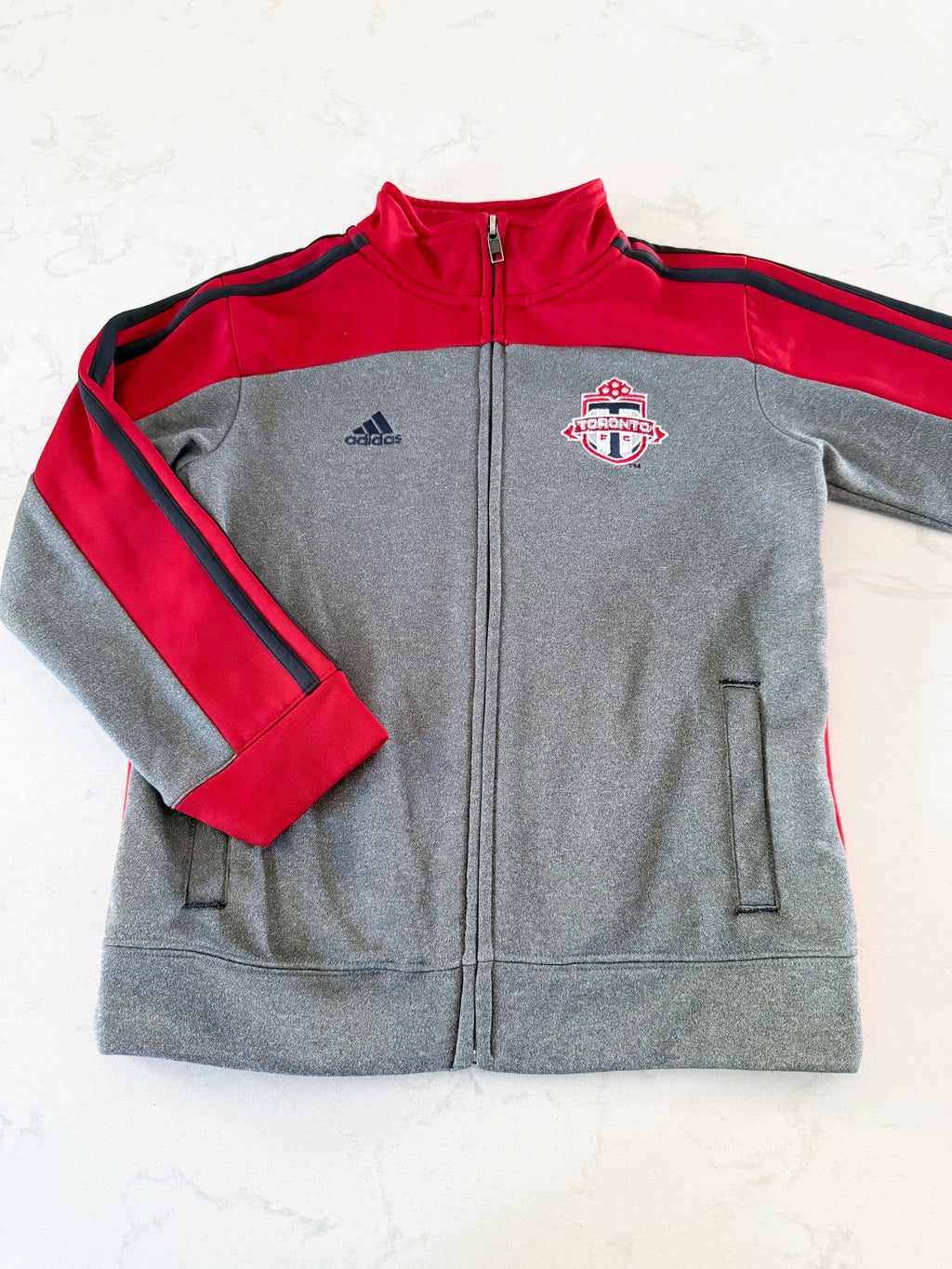 Adidas- fits 6-7Y- VGUC- grey and red Toronto FC athletic zip up with embroidered logo