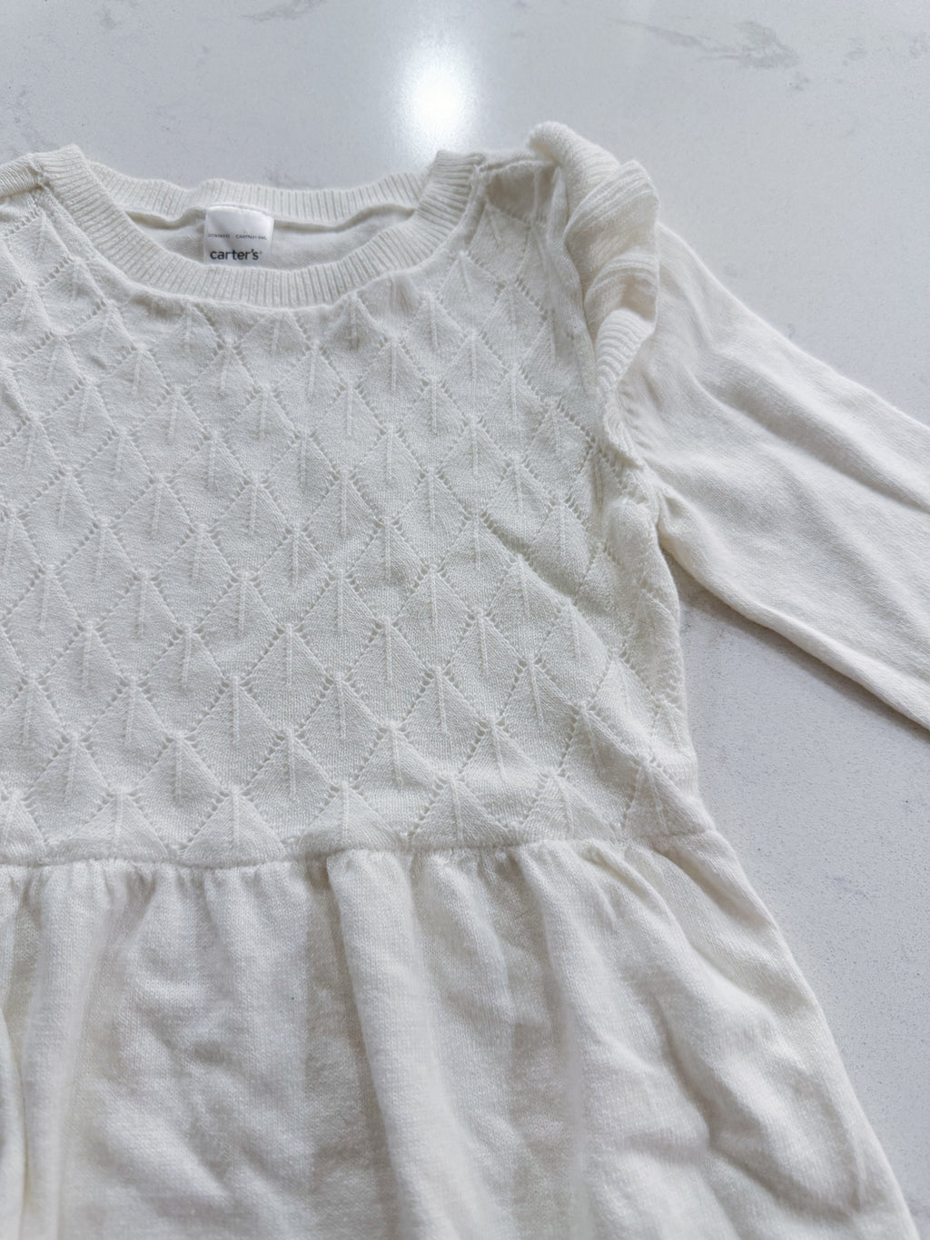 Carter’s- 3T- VGUC- White knit long sleeve dress with ruffles