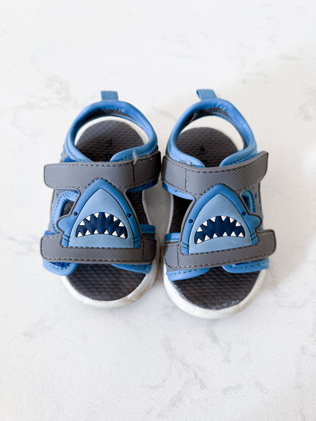 Carters- 4C- GUC- grey and blue Velcro shark sandals with light up heel