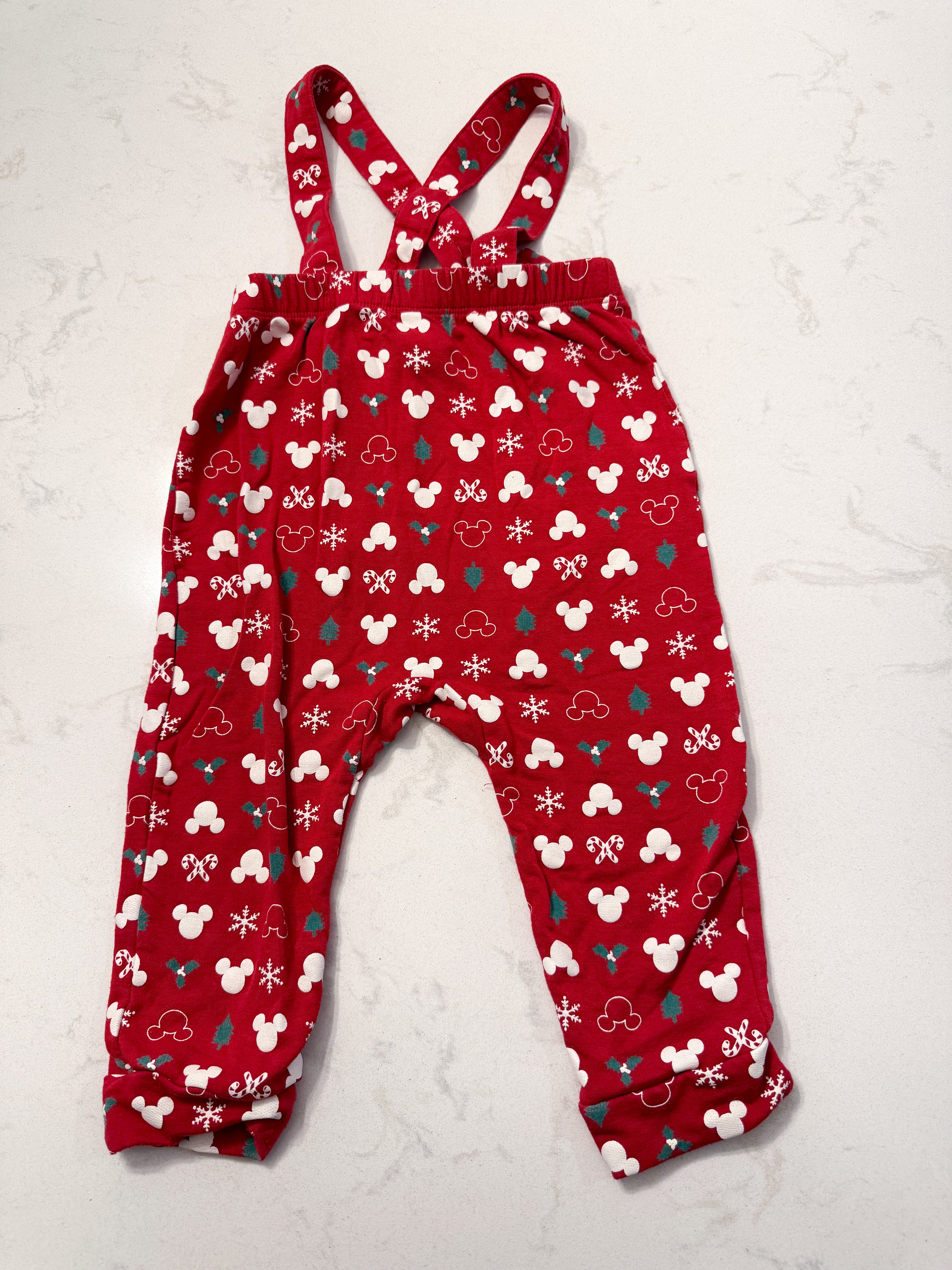 Joe Fresh- 12-18m- VGUC- red overalls with Mickey Christmas pattern