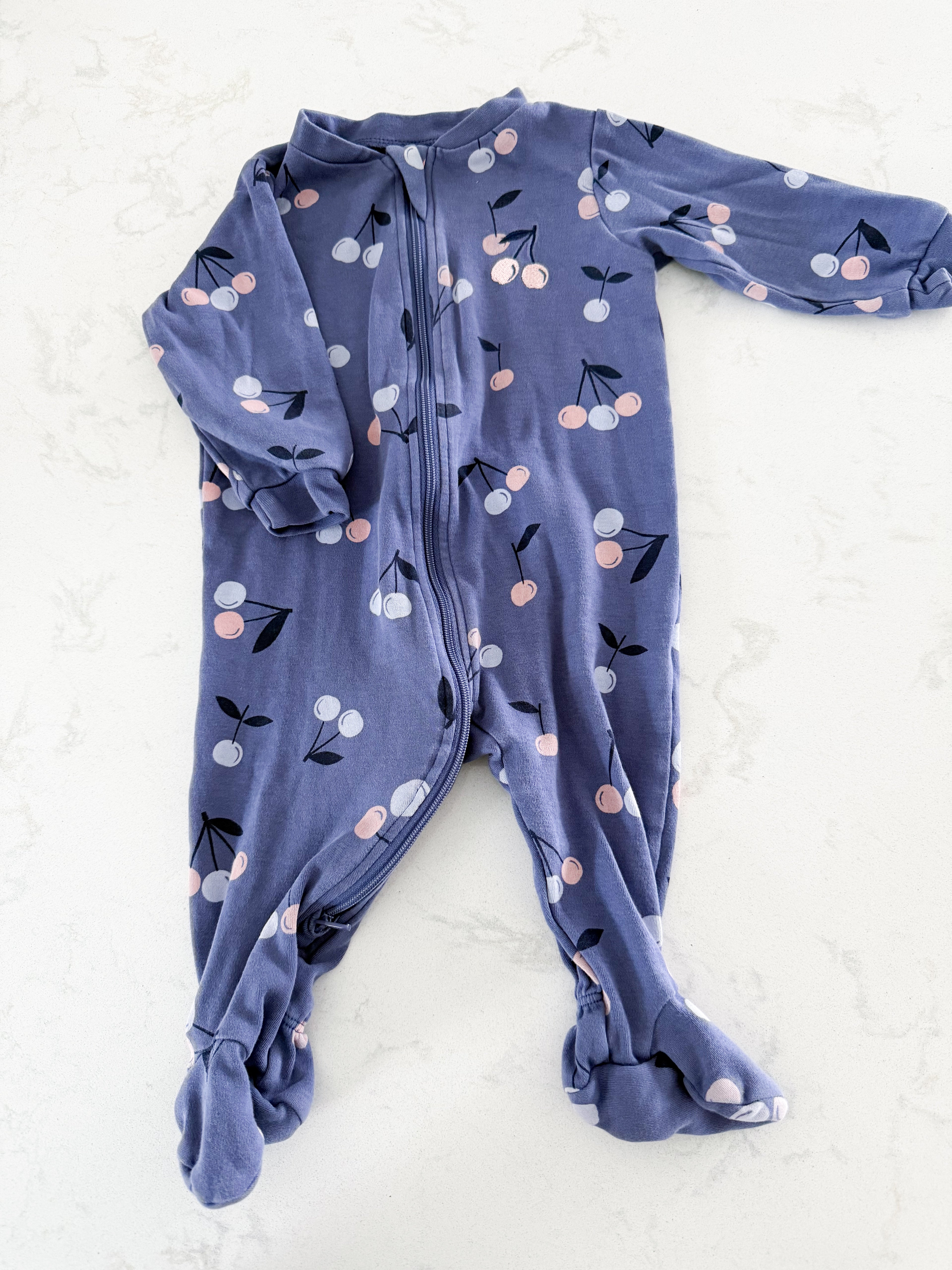 Pekkle- 6m- VGUC- purple footie jammies with cherries
