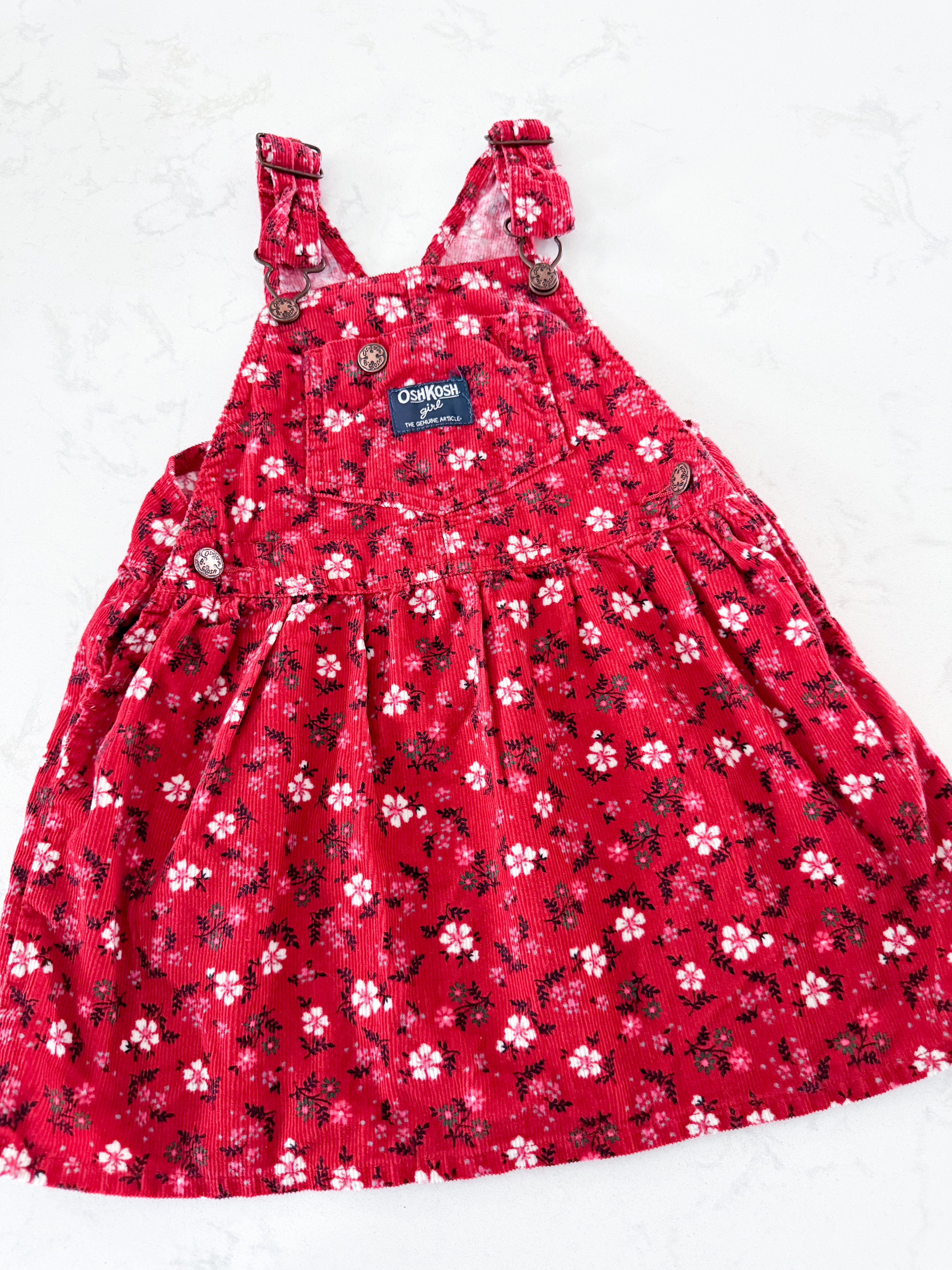 Oshkosh(2004)- 4T- VGUC- red corduroy floral overall dress