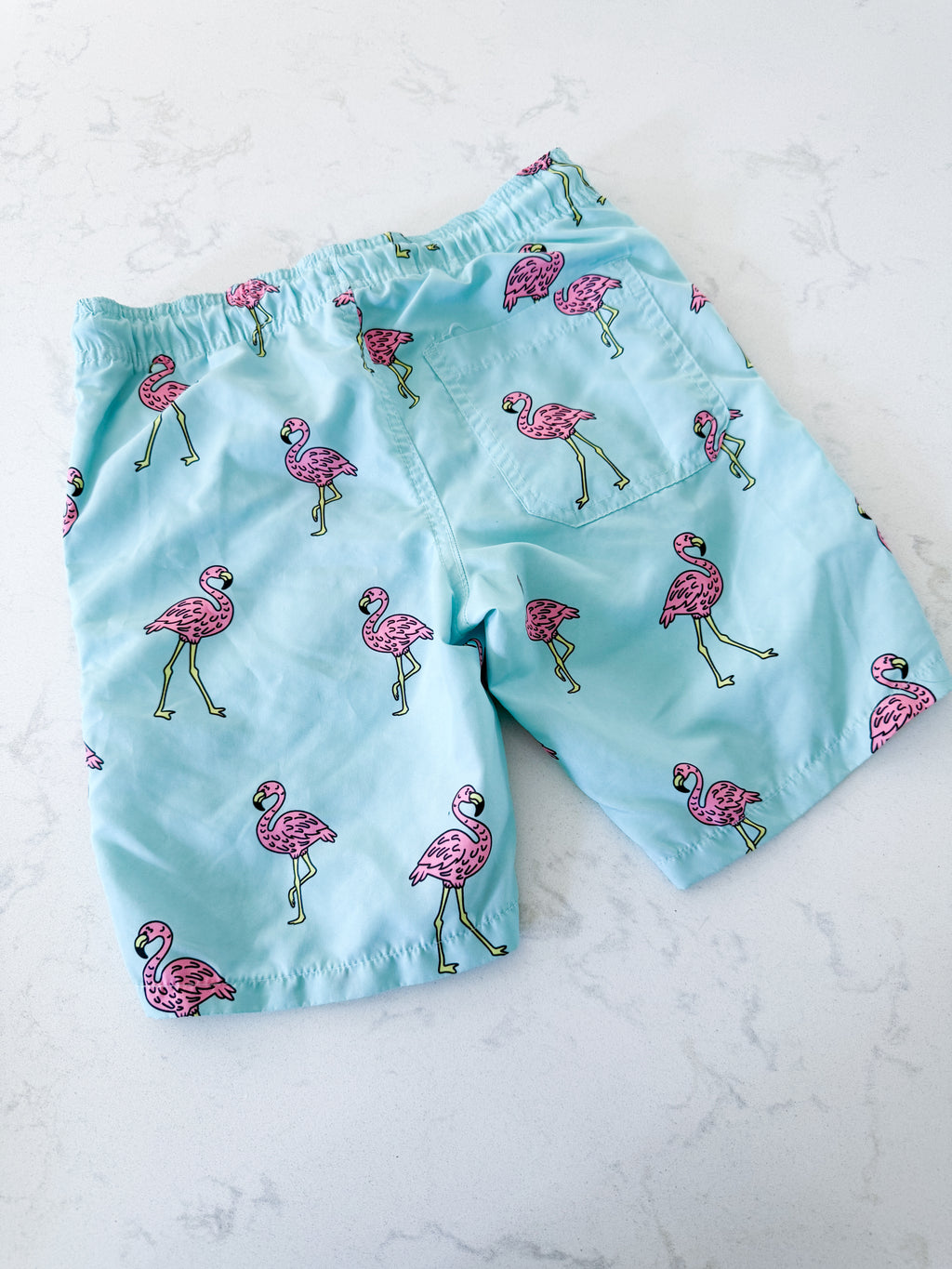 360 surf Beach short- fits 8-10Y- VGUC- light blue swim trunks with bright pink flamingos