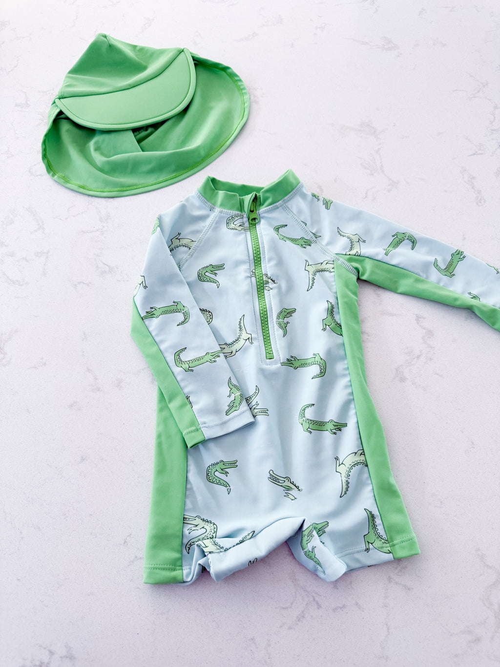 Caribbean Joe- 12m- VGUC- light blue and green swim suit with matching crocodile hat