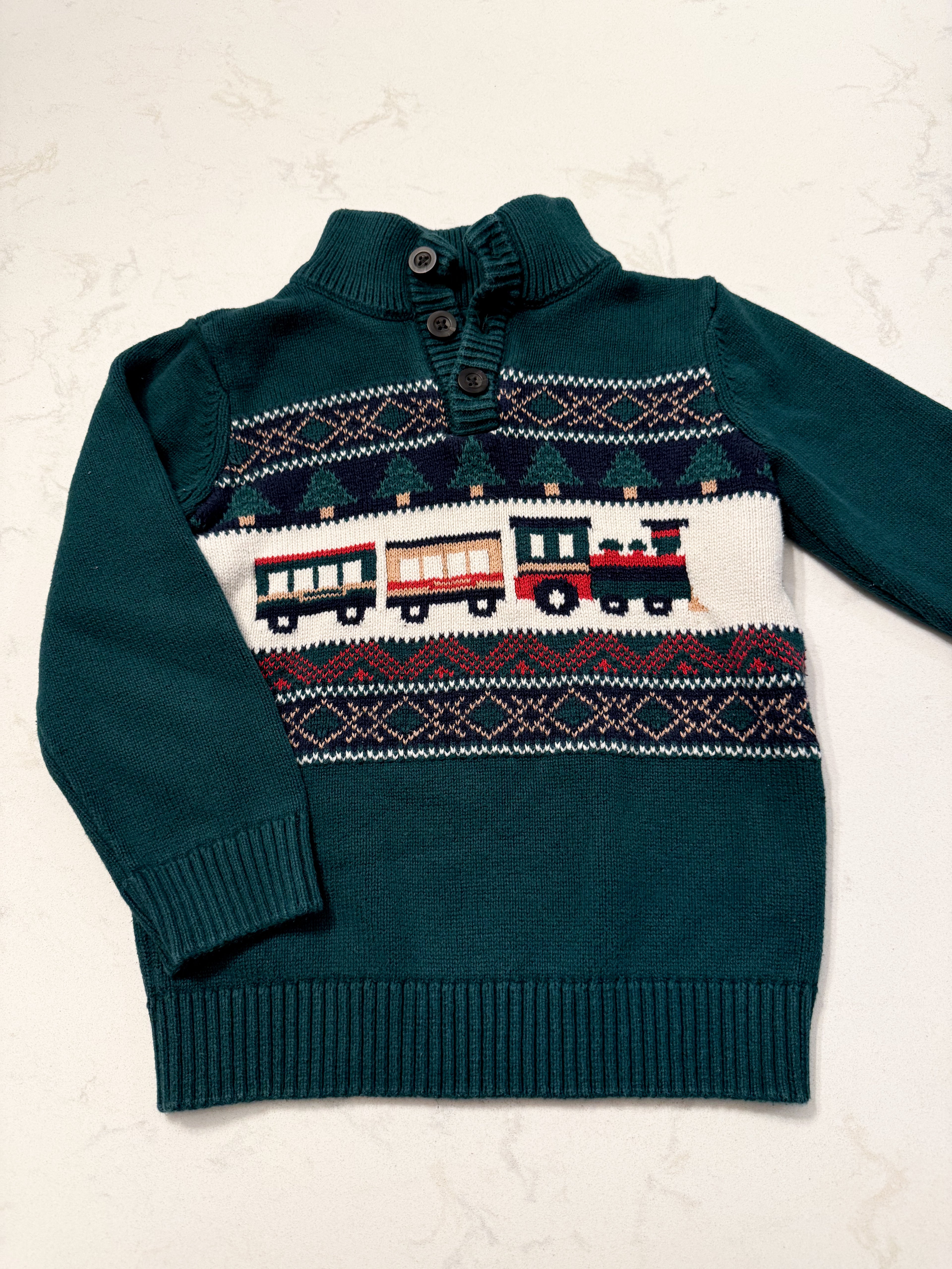 The Children’s Place- 4T- VGUC- knit quarter zip Christmas sweater with train