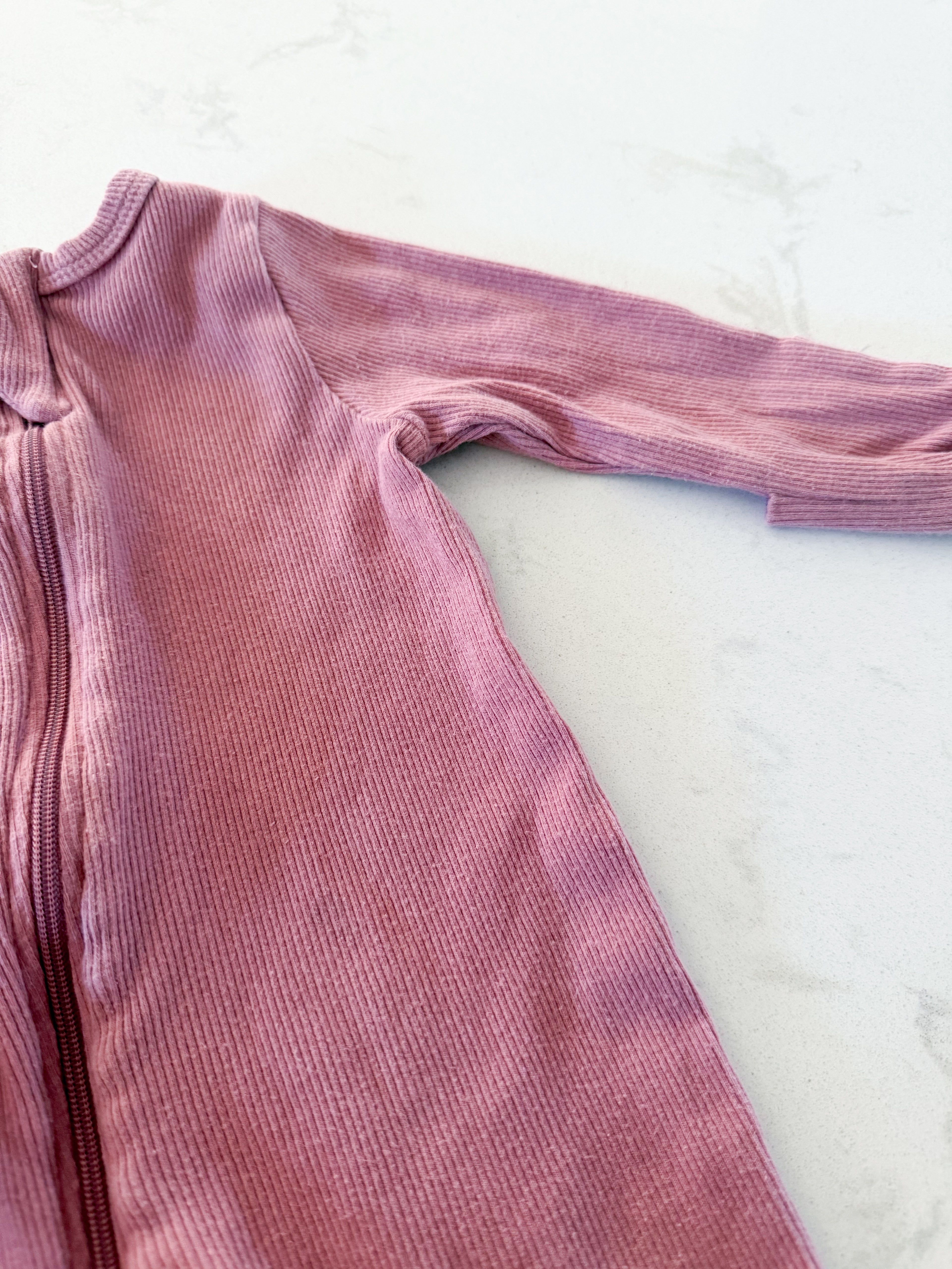 Rabbit and Bear- 3-6m- GUC- ribbed dark dusty pink footie Jammies