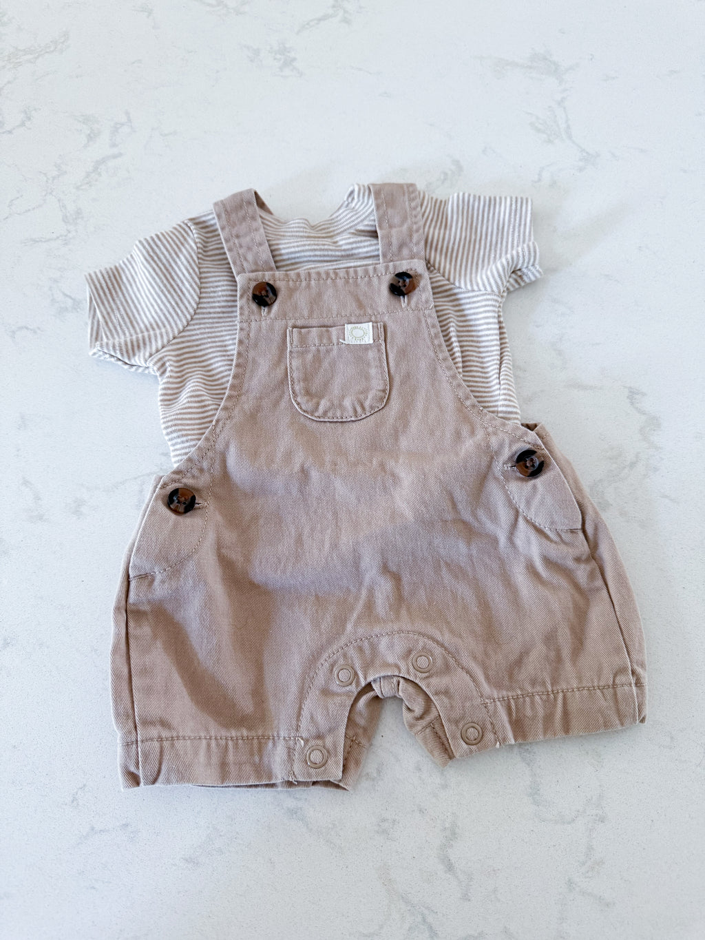 Carters- newborn- GUC- beige denim overalls with striped t shirt